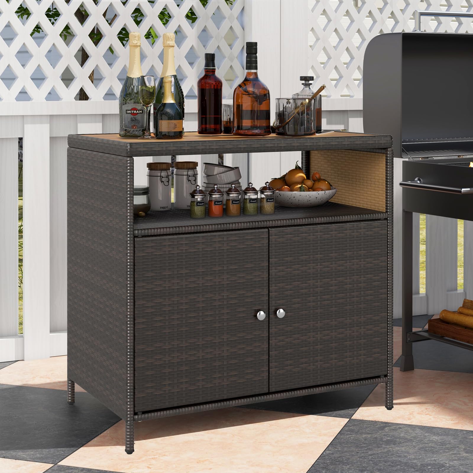 LIFEZEAL Gartenschrank Rattan, Aufbewahrungsschrank mit Akazienholzoberfläche, 90 x 53 x 86 cm, Braun
