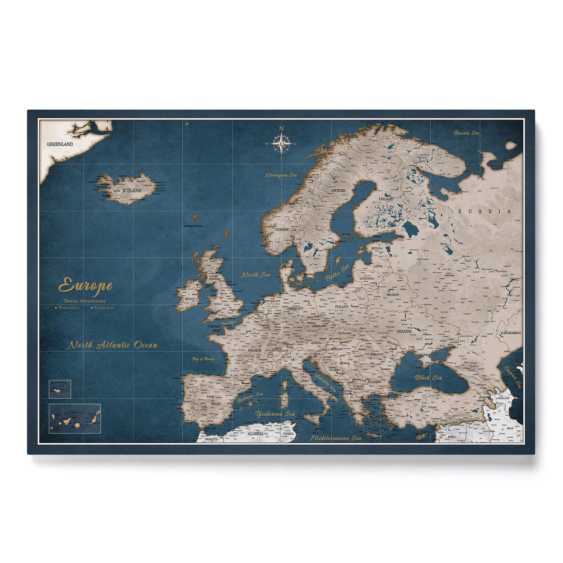 Canvas Europe Map with Cork Pin Board - Decorative Wall Decoration for All Rooms - Canvas Pictures with Europe Map Motif (70x50 cm, Pattern 5)