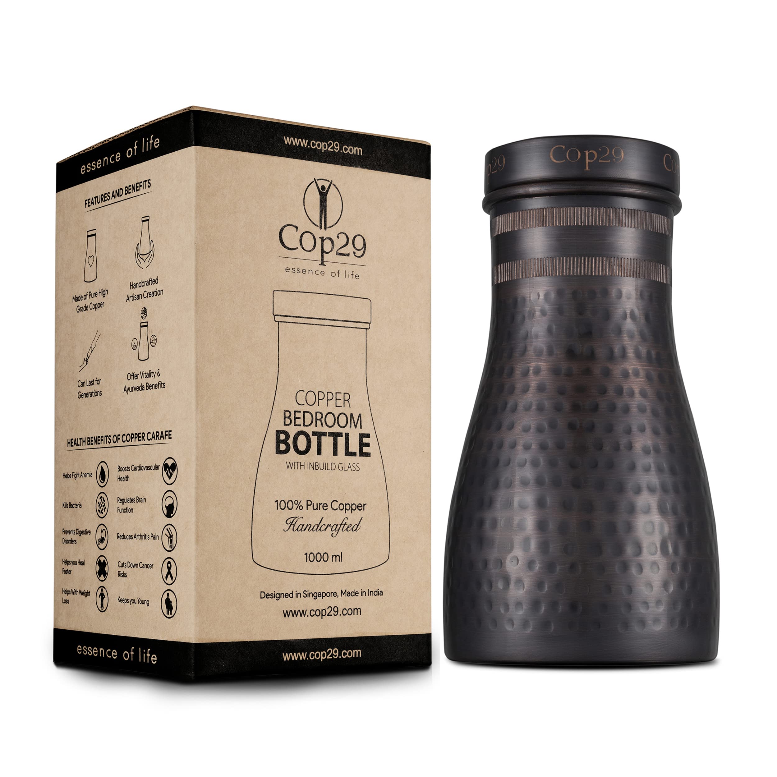 Cop29 Handmade Dolny Antique Hammered Copper Bedroom Water Bottle I Pitcher with Lid I Bedside Water Carafe Indoor Purpose I Indoor Purpose (Loose Lid) – 1000ml/34oz