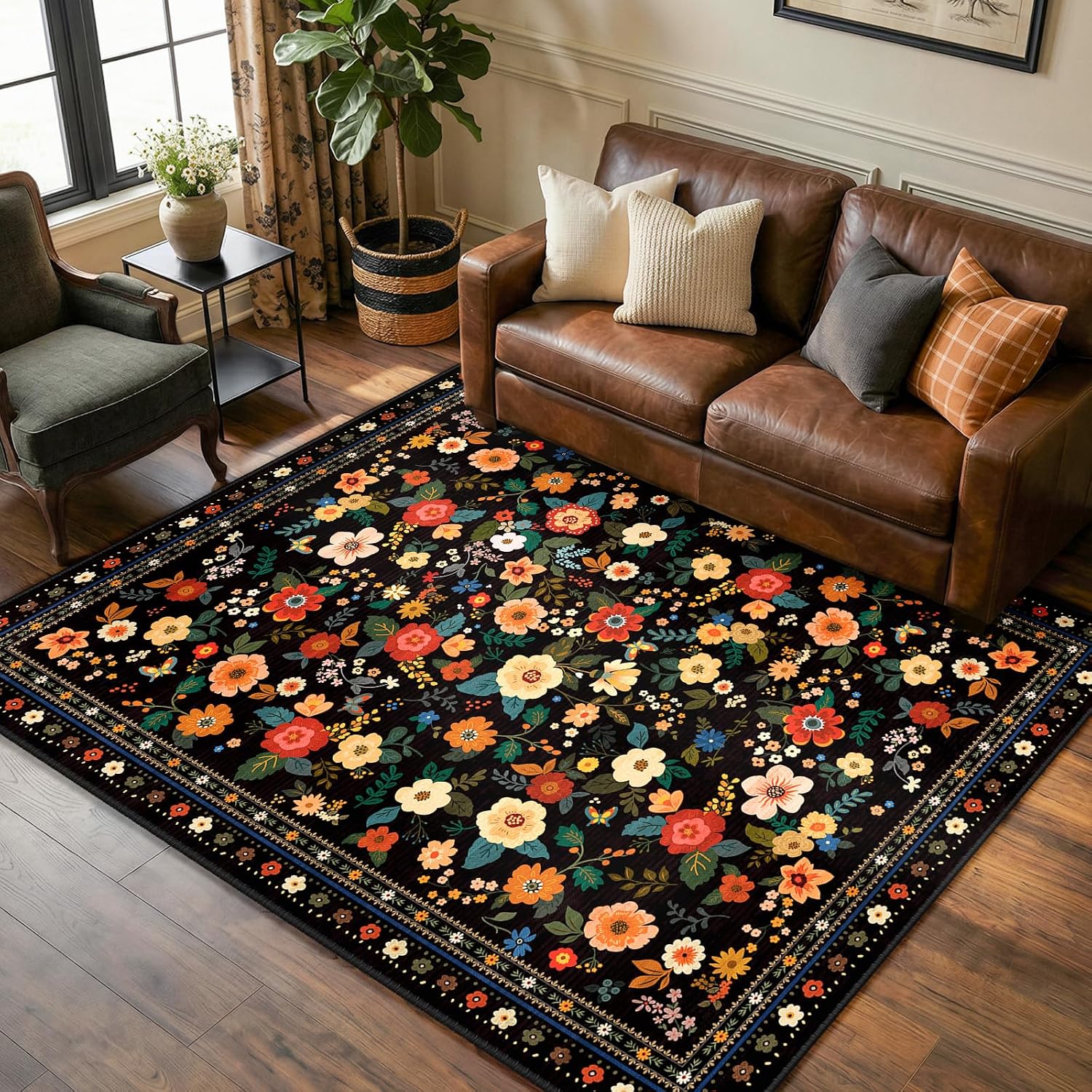INOVADAY Washable Rug 90 x 150 cm Black Living Room Rug Bedroom kitchen entrance hall bathroom dining room short pile non-slip floral print boho soft easy to clean