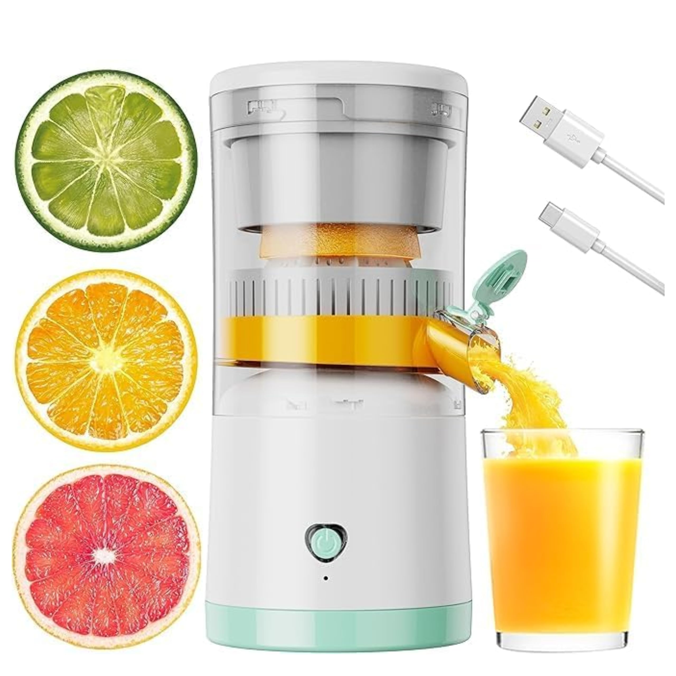 Electric Citrus Juicer Rechargeable – USB C Portable Juicer for Orange, Lemon, Lime – Powerful 45W Motor, One-Button Operation, Compact Design, Easy to Clean – BPA Free Lemon Squeezer (White)