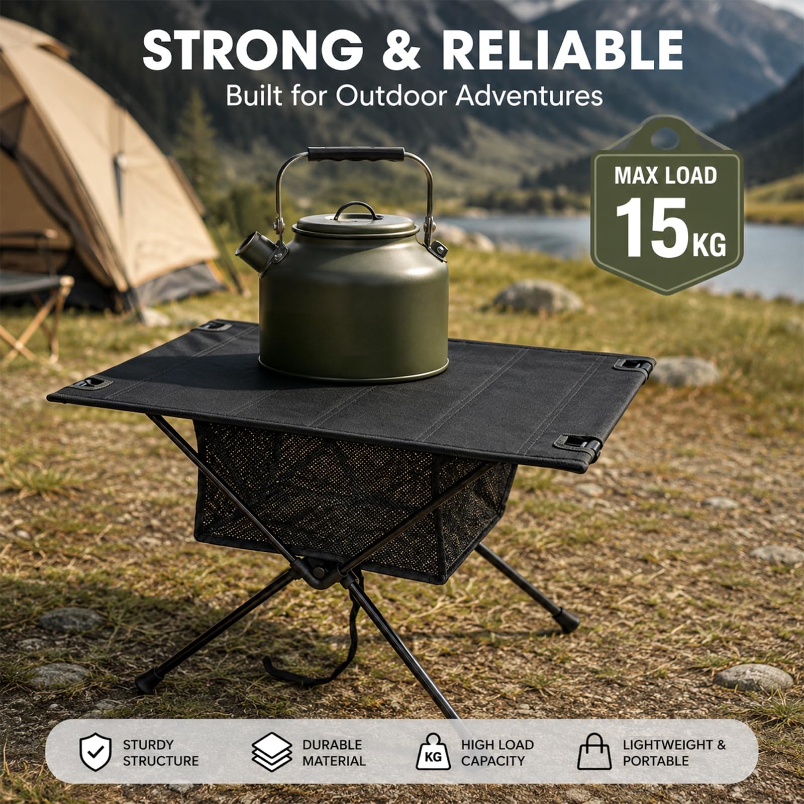 Table de camping pliable ultra légère avec sac de transport et plateau en filet, table d'extérieur réglable en hauteur en aluminium, table de pique-nique pour camping, pêche, randonnée (noir)