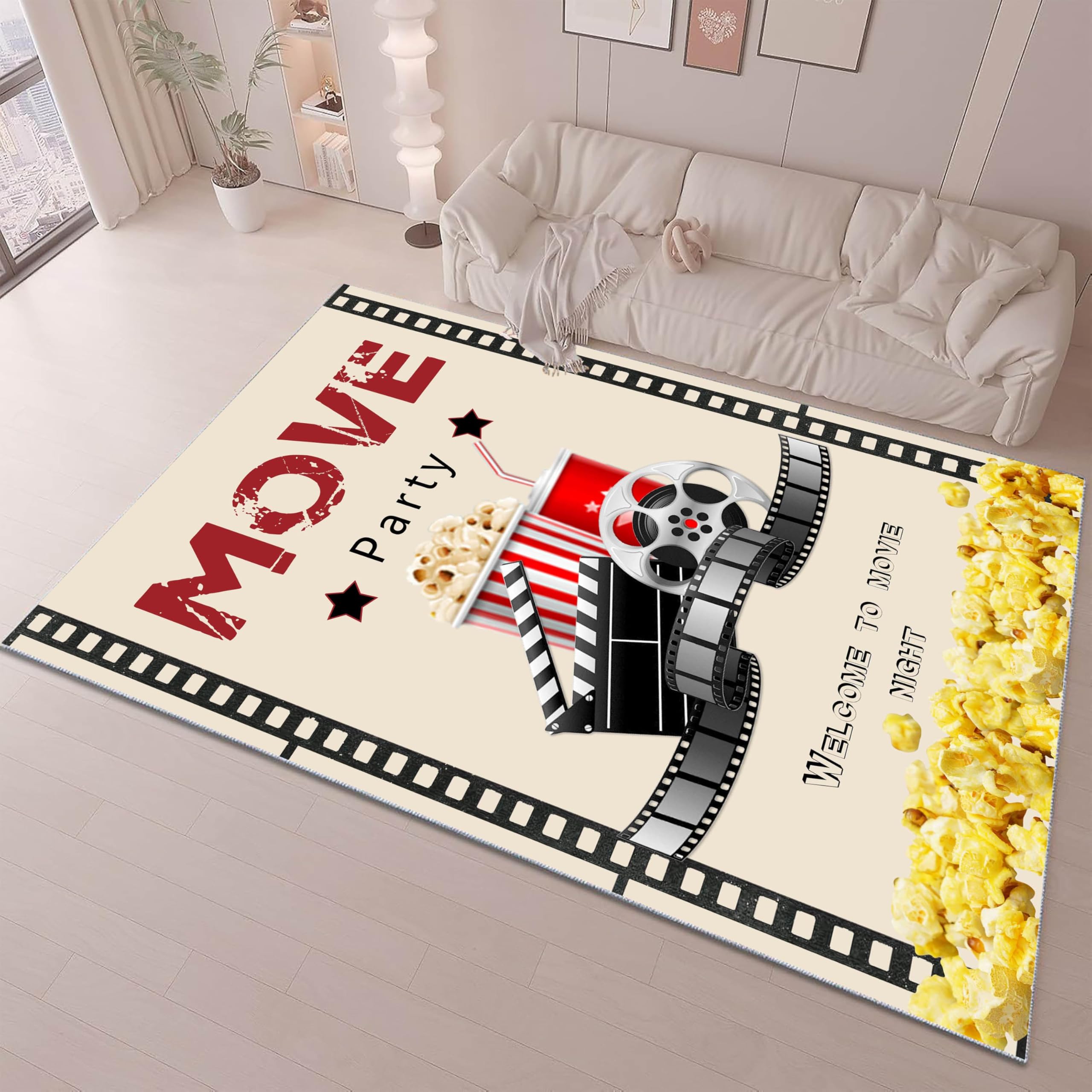 ZCLRUG Vintage Theater Clapboard Area Rug, 60 x 90 cm Soft Non Slip Popcorn Beverage Videotape Rugs, Washable Fade Resistant Movie Film Party Themed Red Beige Carpet for Bedroom Living Playroom