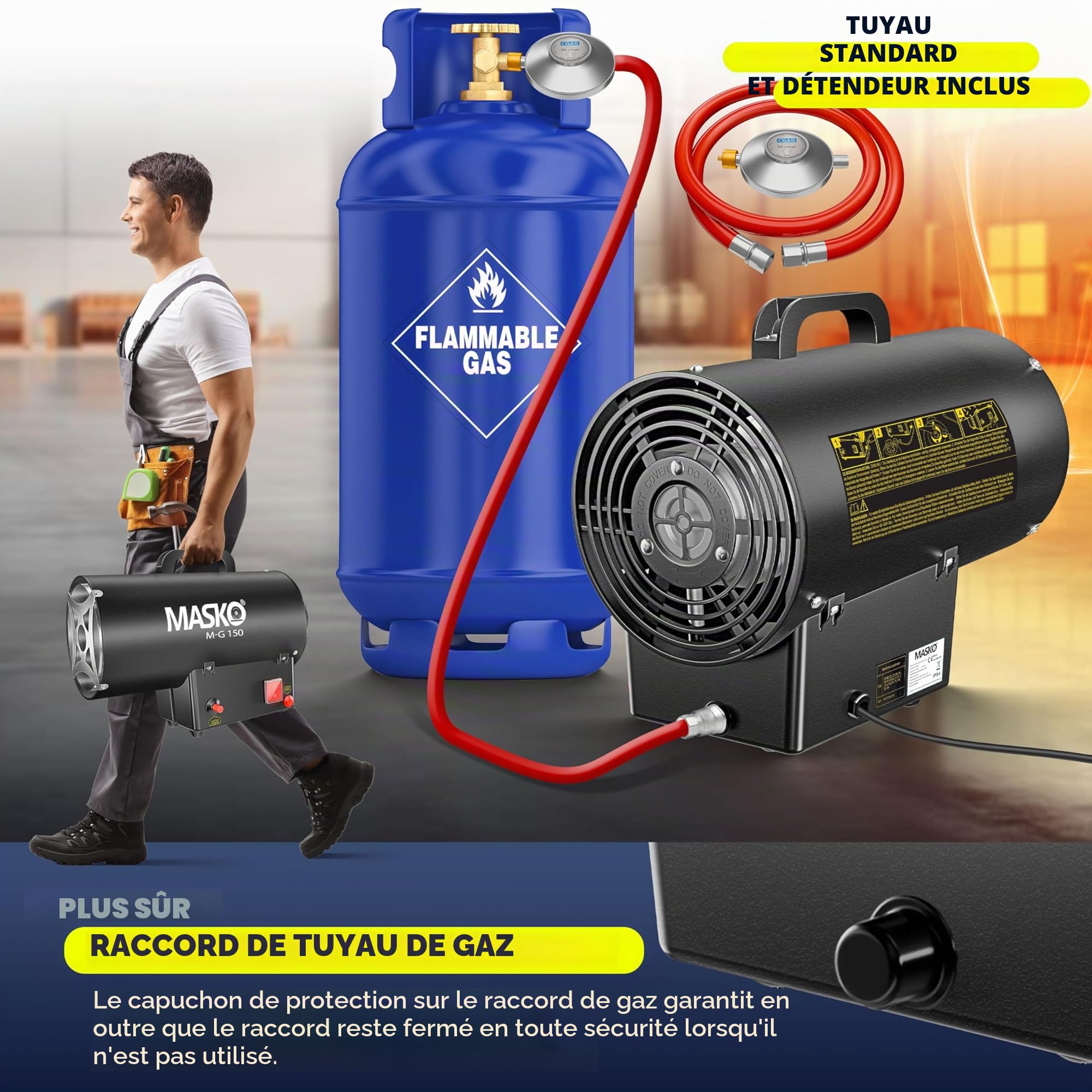Masko® Radiateur soufflant à gaz Chauffage à gaz Canon à Chaleur Chauffage Radiant au gaz Chauffage de Chantier Chauffage à gaz Chauffage Radiant Générateur d'air Chaud, Noir, 15 KW