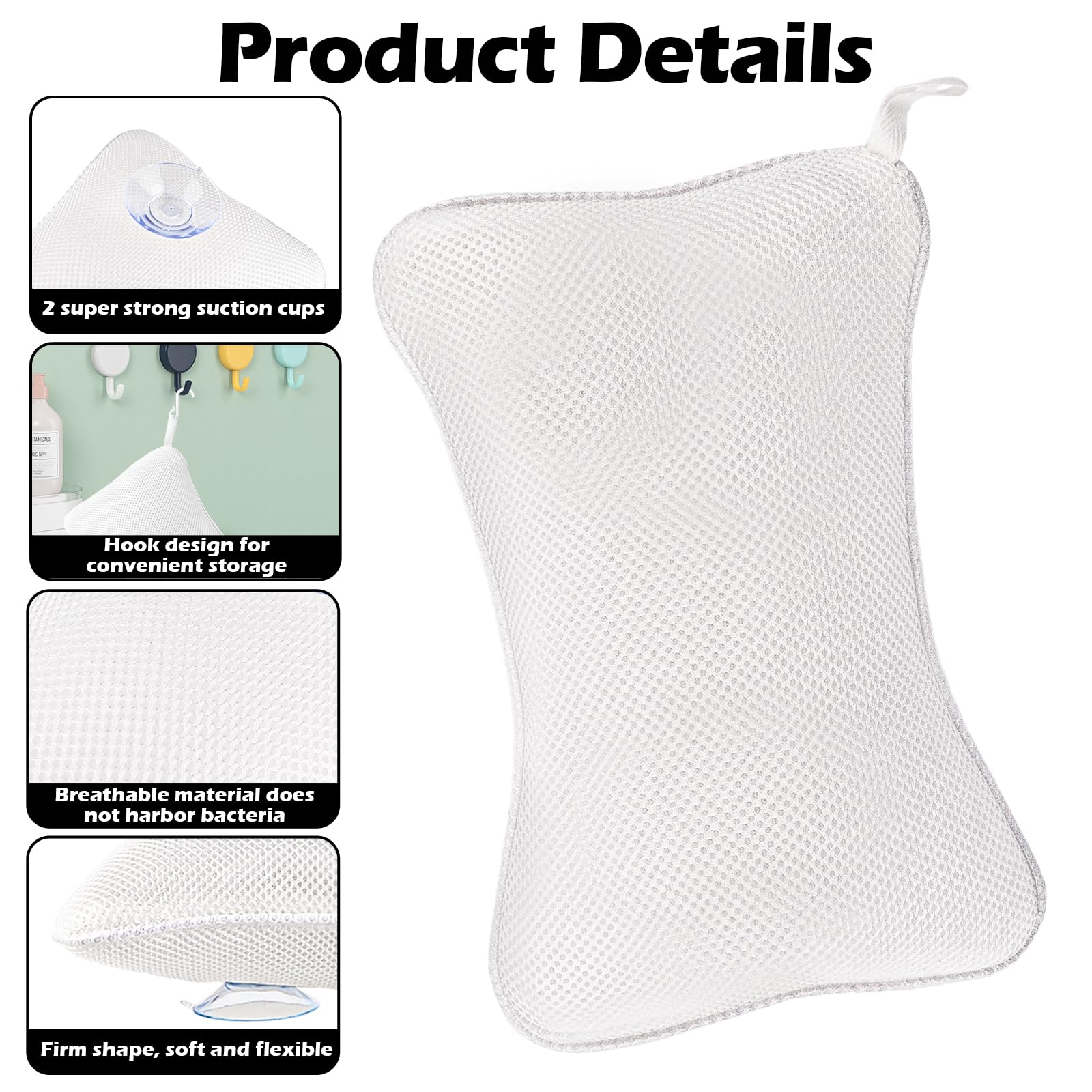 VMUTGA Almohada de Baño, Reposacabezas Ergonómico, Almohada de Baño Transpirable, con 2 Potentes Almohadas de Baño con Ventosa, para SPA Bañera, Relajar la Nuca (Blanco)