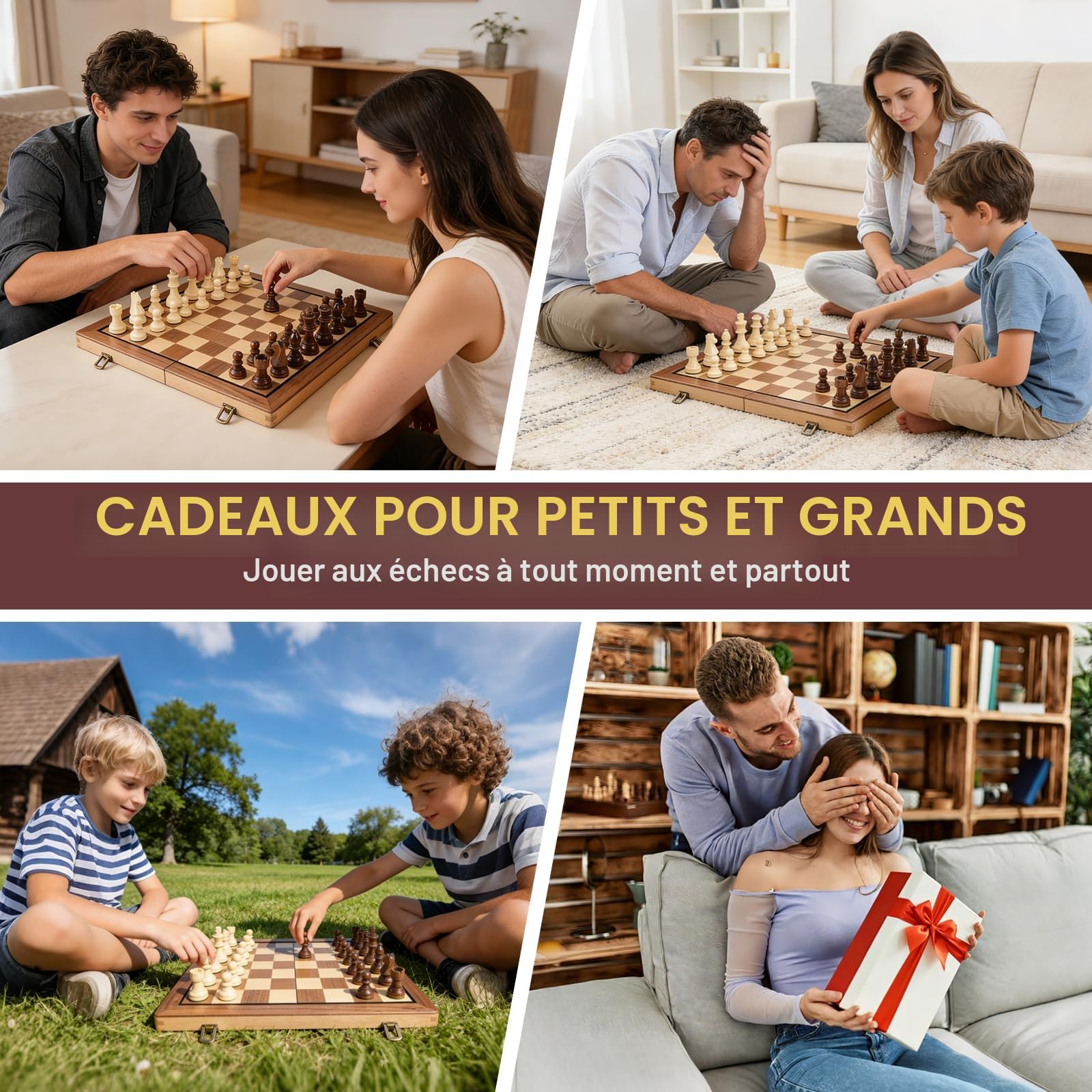 Jeu d'échecs magnétique Pliable en Bois 39 cm Échiquier 2 en 1 Portable