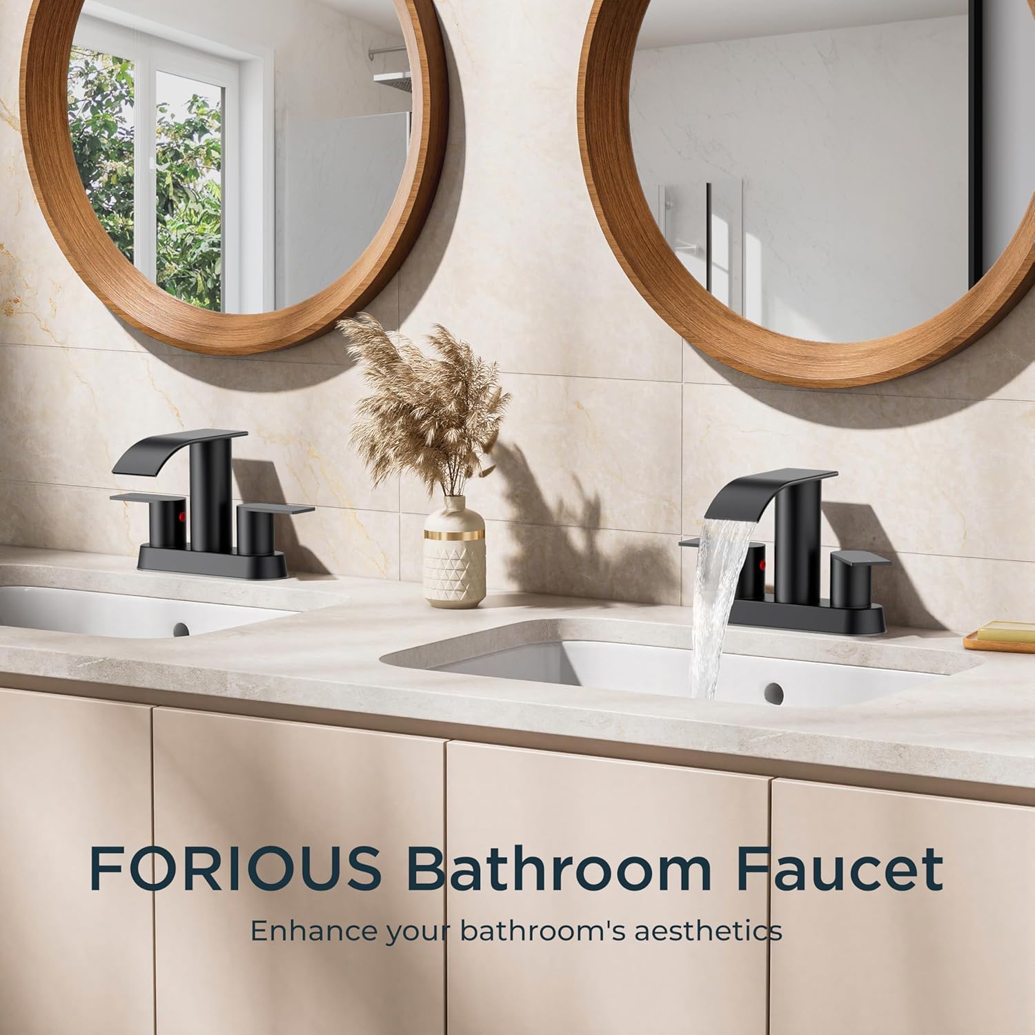 FORIOUS Matte Black Bathroom Faucets, Waterfall 4 Inch Centerset Bathroom Sink Faucet with Metal Pop up Drain and cUPC Hose for Basin, Vanity, RV, Pedestal 2 or 3 Hole Sink - Image 3
