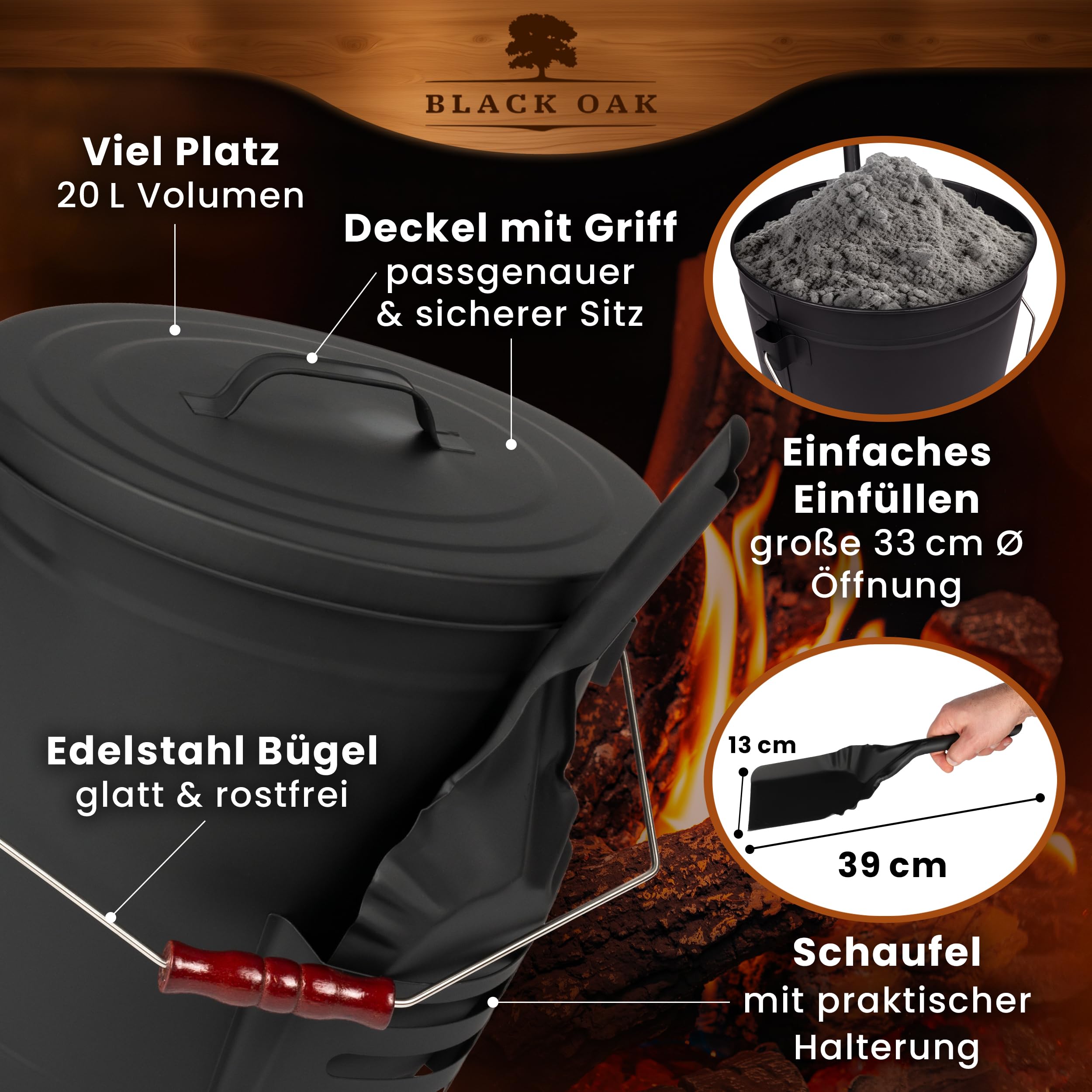 BLACK OAK Stromboli - Secchio per cenere da 20 l, nero con coperchio e pala, manico argento, grande, 20 litri, in acciaio zincato e verniciato a polvere, per cenere e carbone, accessori per camino