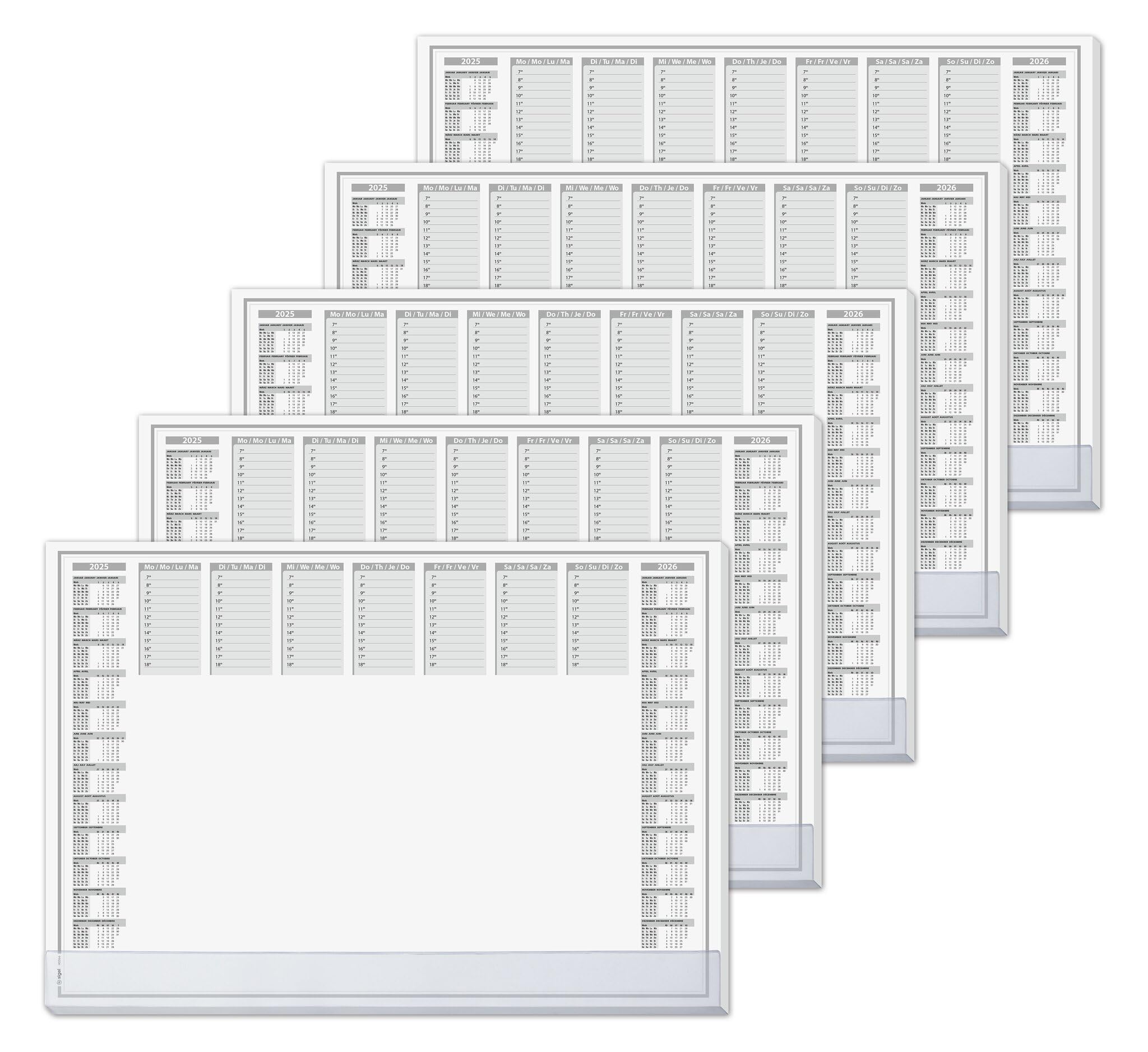 SIGEL HO366 Lote de 5 Vades, bloc de notas, diseño planning semanal con horarios y calendario bianual, A2 (59,5 x 41 cm), blanco y negro, 40 hojas