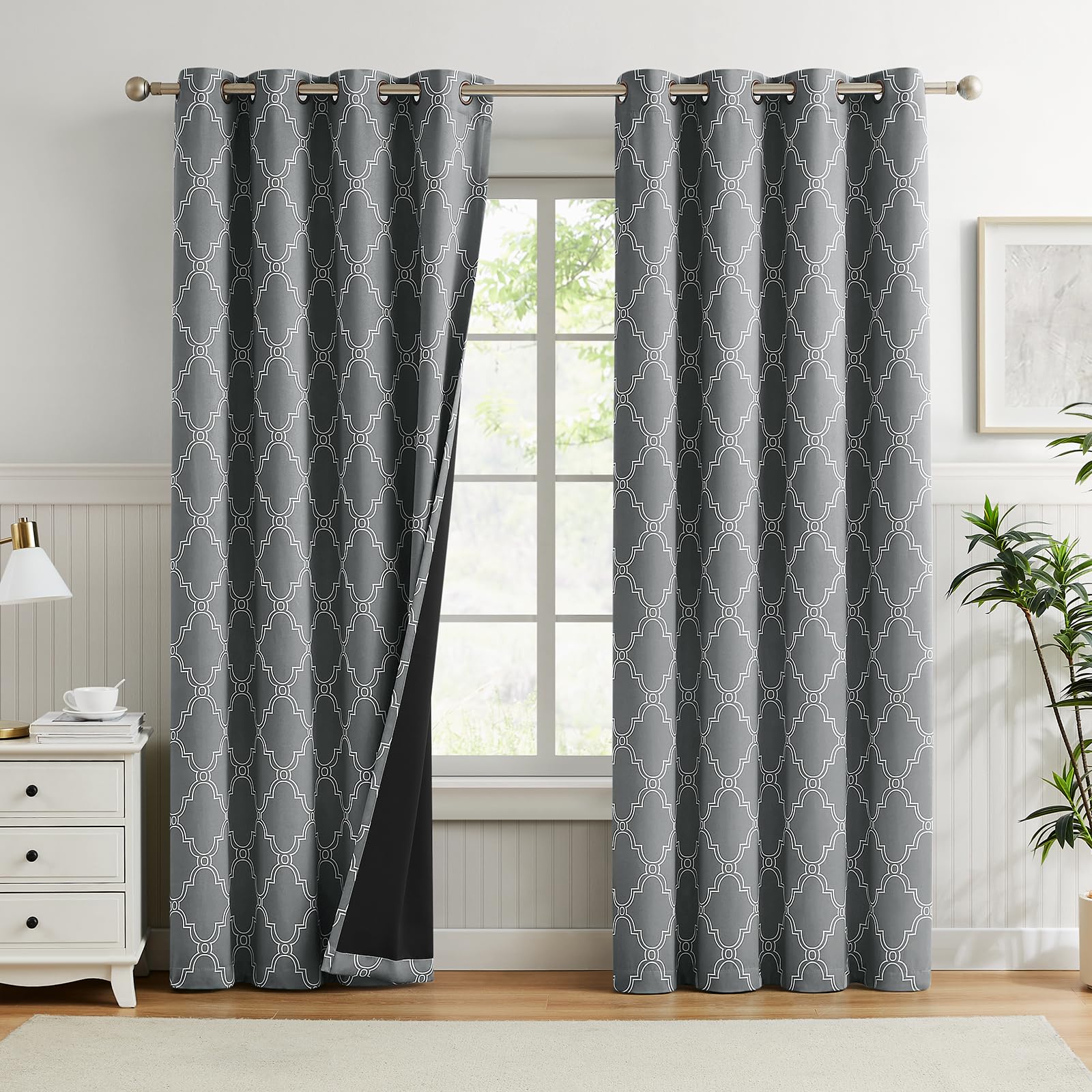 Vollverdunkelnde Vorhänge, Marokkanisch Geo-Druck – 132x160 Cm, Grau/Gold, 100% Verdunklung, 2-teilig