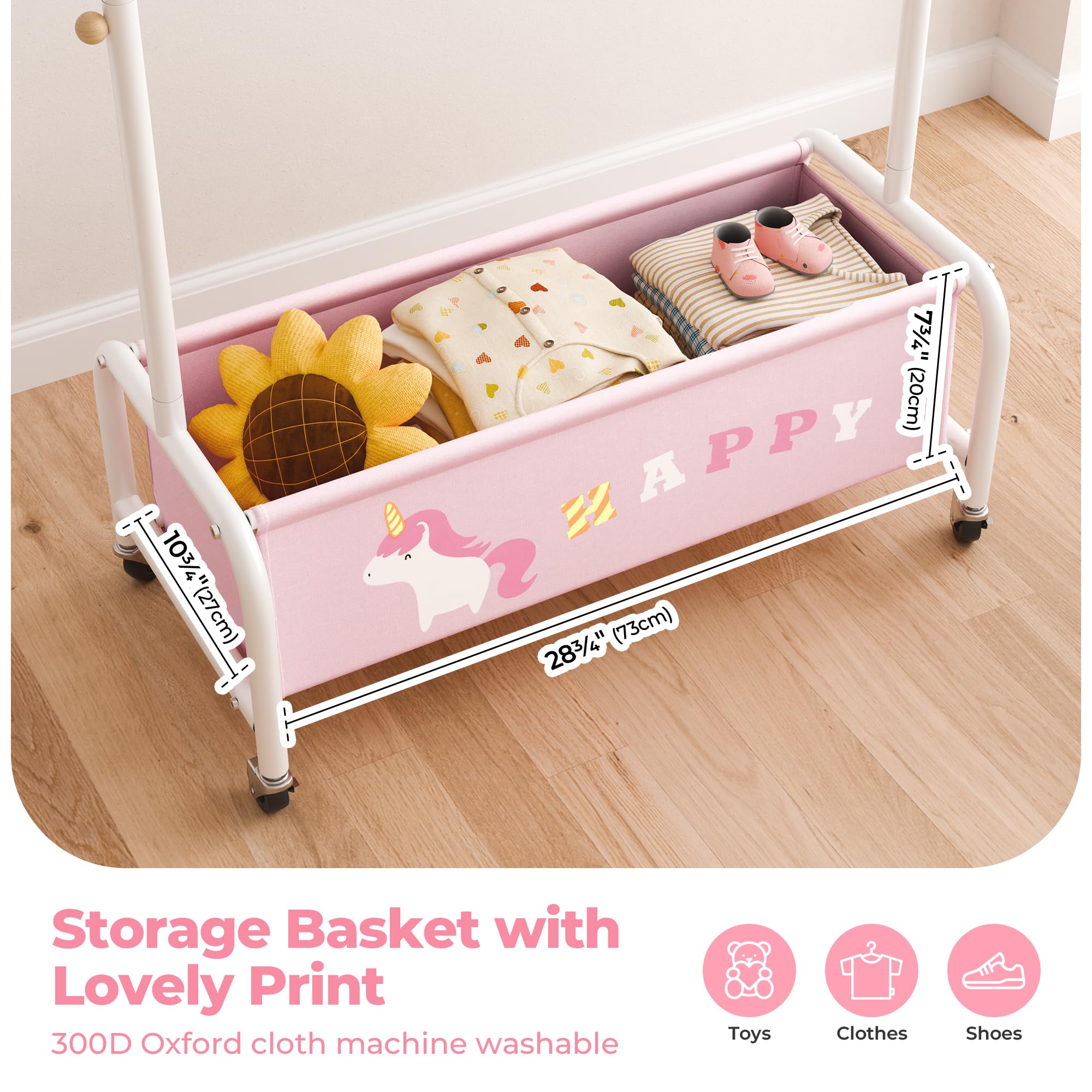 GRANNY SAYS Kleiderständer Kinder mit Aufbewahrungskiste, Kinder Kleiderstange auf Rollen, rosa Kindergarderobe stehend, robuste Jackenständer Kinderkleiderschrank für Baby- & Kleinkinderzimmer