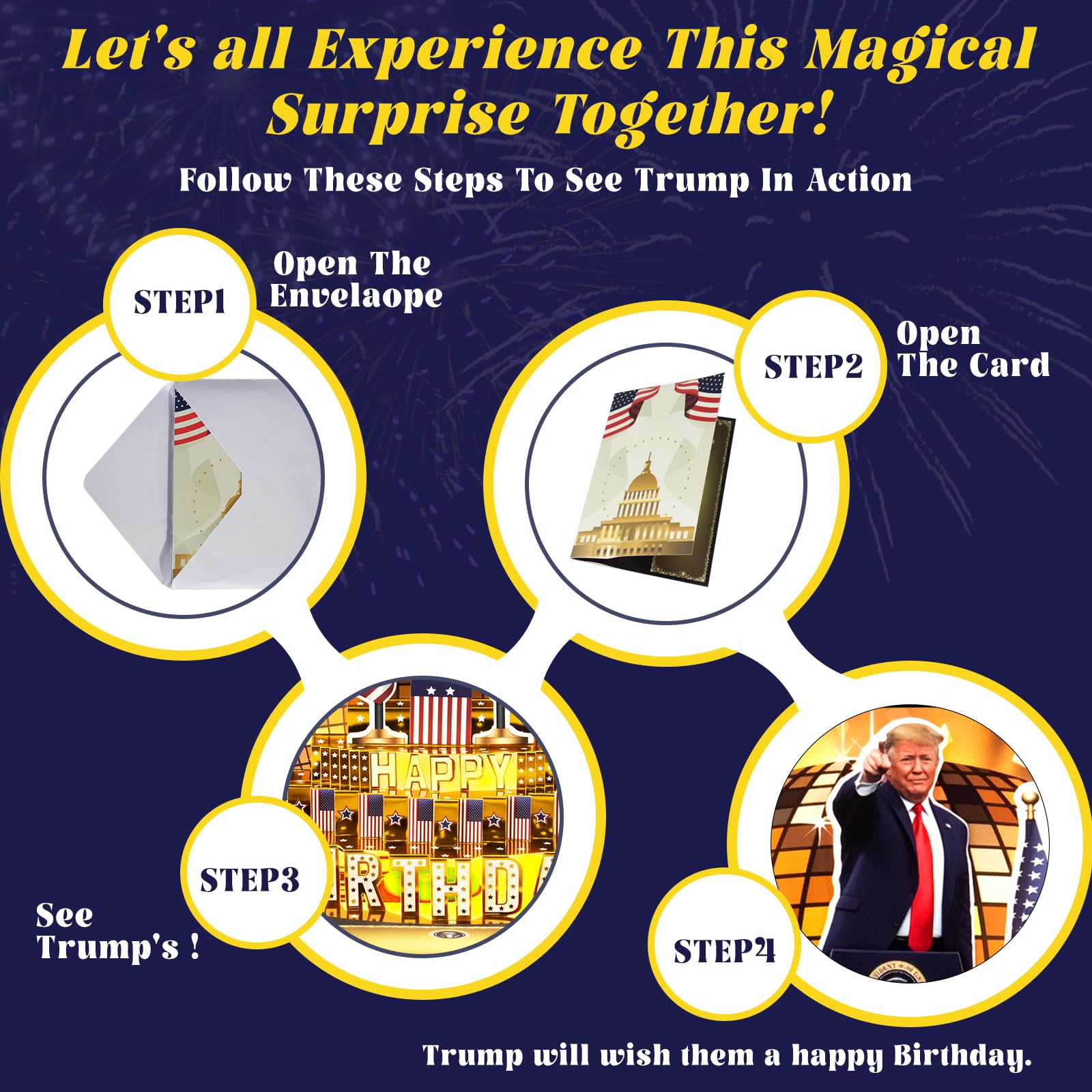 Tarjeta de cumpleaños, tarjetas de felicitación del presidente Donald parlante con mensaje de voz real y luz para hombres y mujeres, padres, parejas (cumpleaños, pastel dorado)
