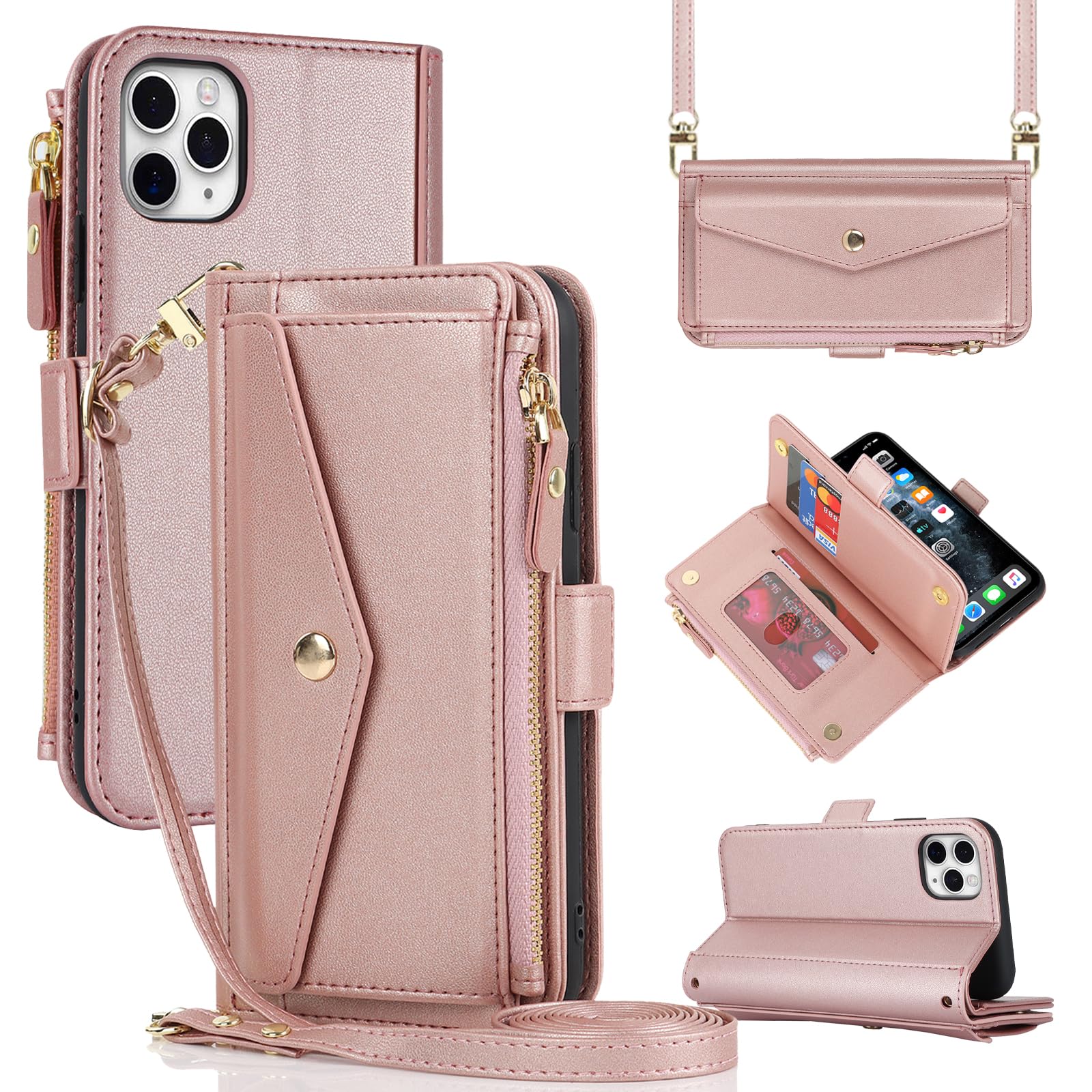 CAVOR Leder Handyhülle Mit Band Für IPhone 11 - Klapphülle Mit 10 Kartenfächern & Geldtasche, Braun