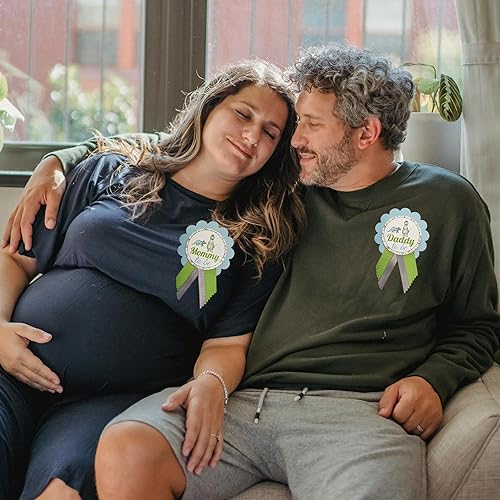 Miniatura 4 de Alfileres de dinosaurio para baby shower para la familia, azul y verde, It's a Boy Baby Sprinkle, Cartulina cintas de raso, Sin gemas.