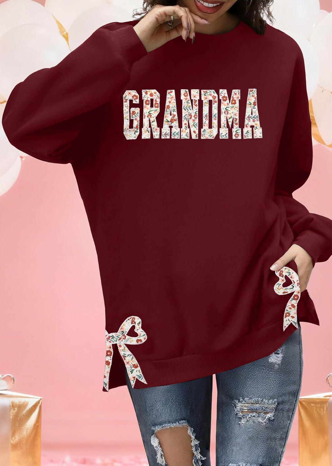 YI XIANG RAN Grandma Sweatshirt for Women Grandma Letter Embroidered Sweatshirt Mother's Day Side Split Pullover Tops