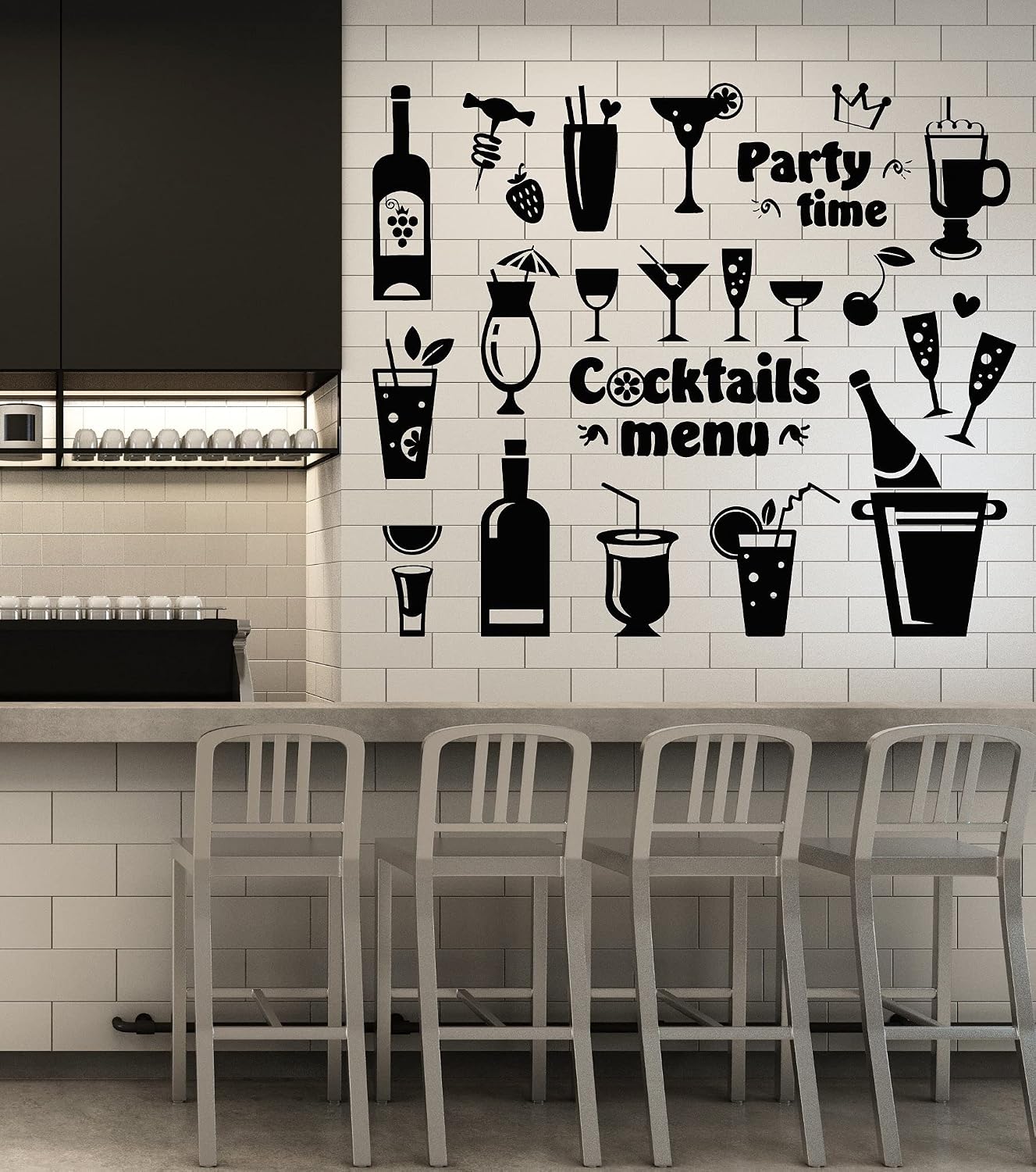 Vinyl Wall Decal Drink Glass Martini Cocktail Menu Collection Cafe Stickers Mural Large Decor (g5533) Black