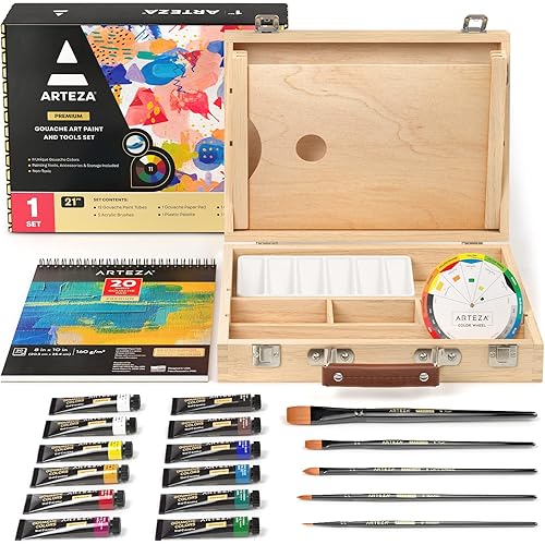 Arteza Gouache Paint Kit, 21 Pieces Art Set, 12 Gouache Art Paint Tubes, 5 Acrylic Brushes, Paper Pad, Plastic Palette, and Wooden Storage Case, Art Supplies for Professional Artists and Hobbyists