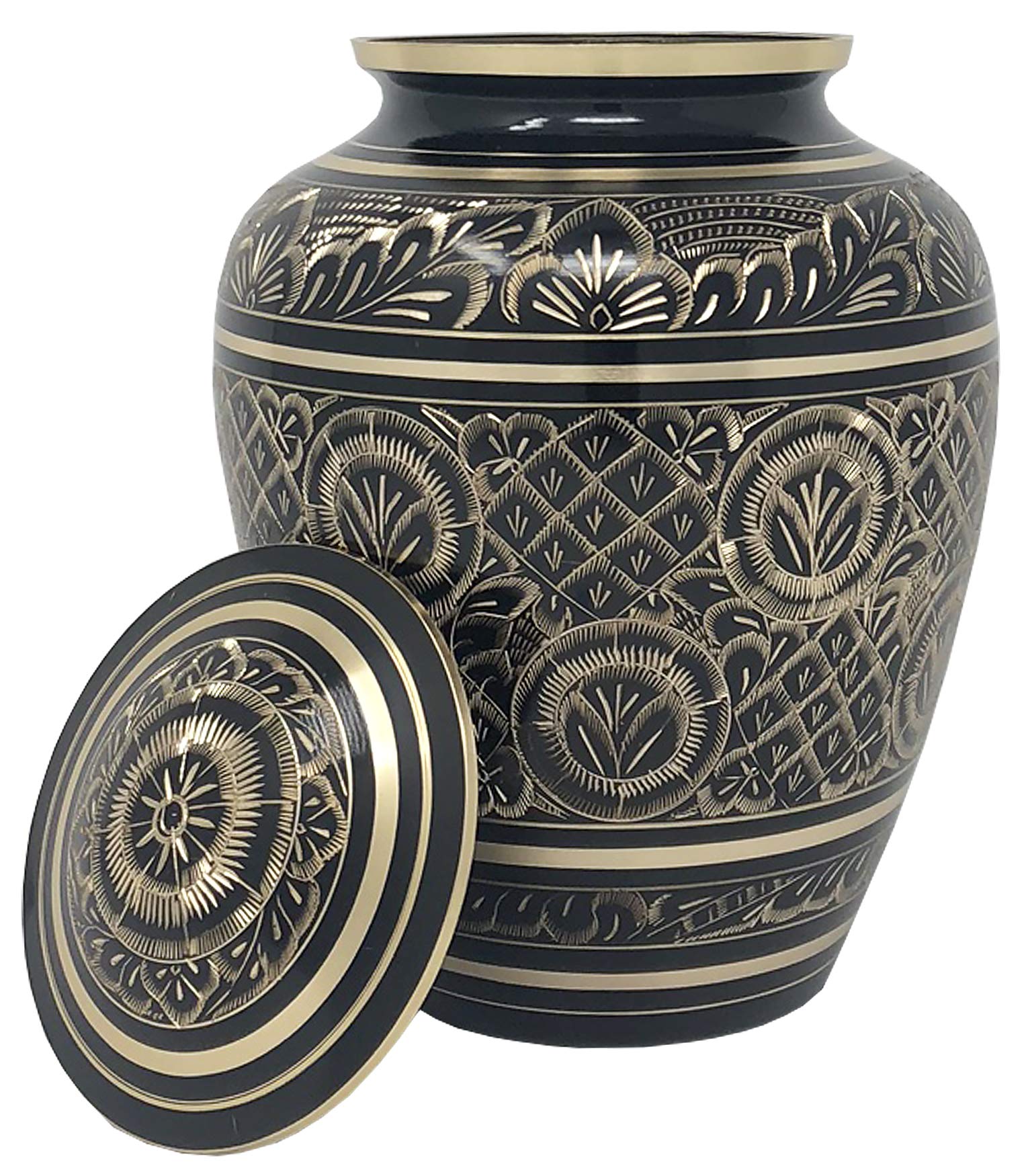 Radiant Elite Metal Adult Cremation Urn - Hand Engraved Accents - Momentful Life - Elegant Black and Gold Urn