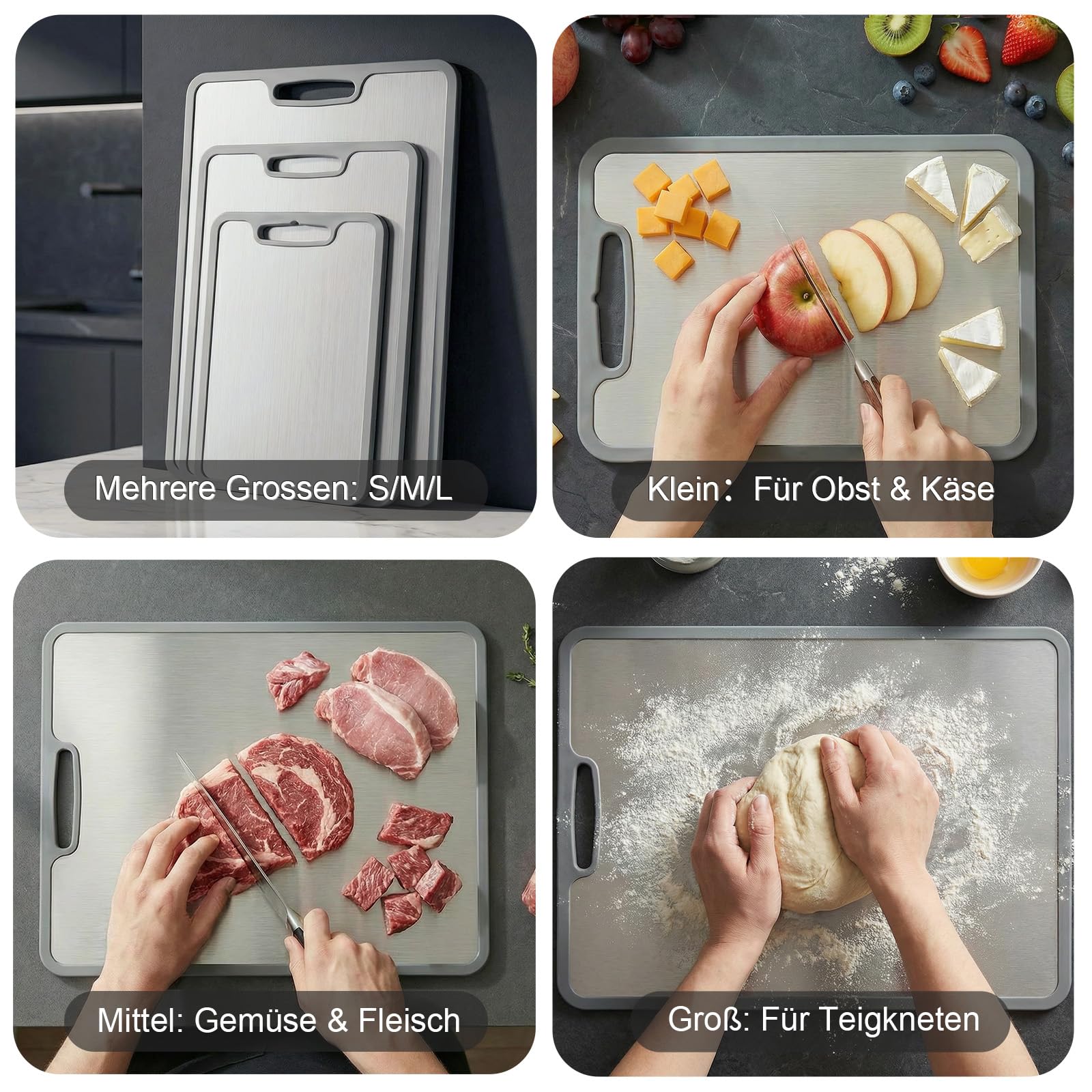 3 Stück Schneidebrett Titan Set, Schneidebrett Edelstahl mit Rutschfesten | Silikonecken Doppelseitiges & BPA Frei, Stainless Steel Cutting Board für Gemüse Fleisch Obst Brot Fisch Käse