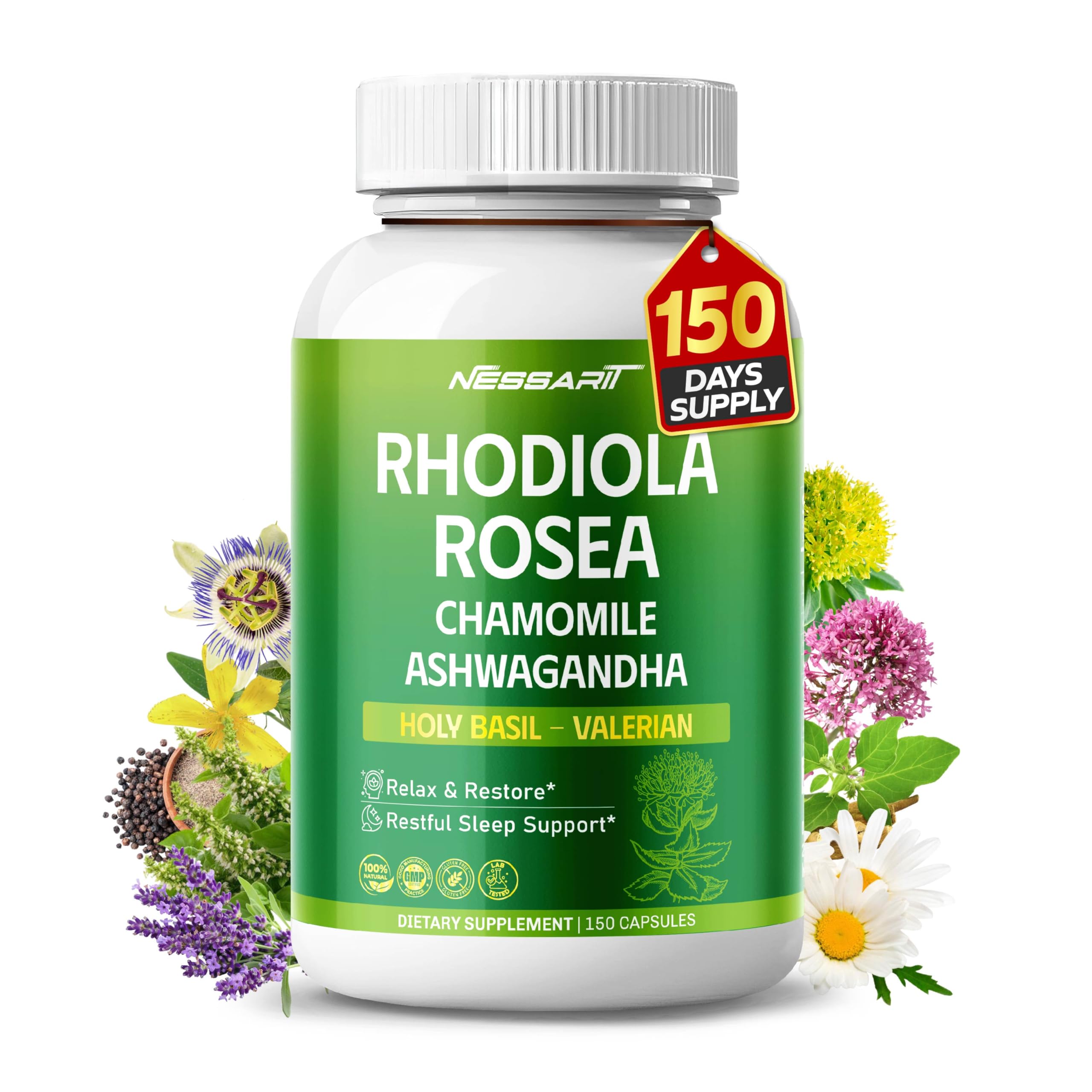 RHODIOLA ROSEA Supplement- 11-in-1 Natural Blend with Chamomile L-Theanine Ashwagandha Holy Basil Valerian Passionflower - 150 Count - Made & Tested in The USA