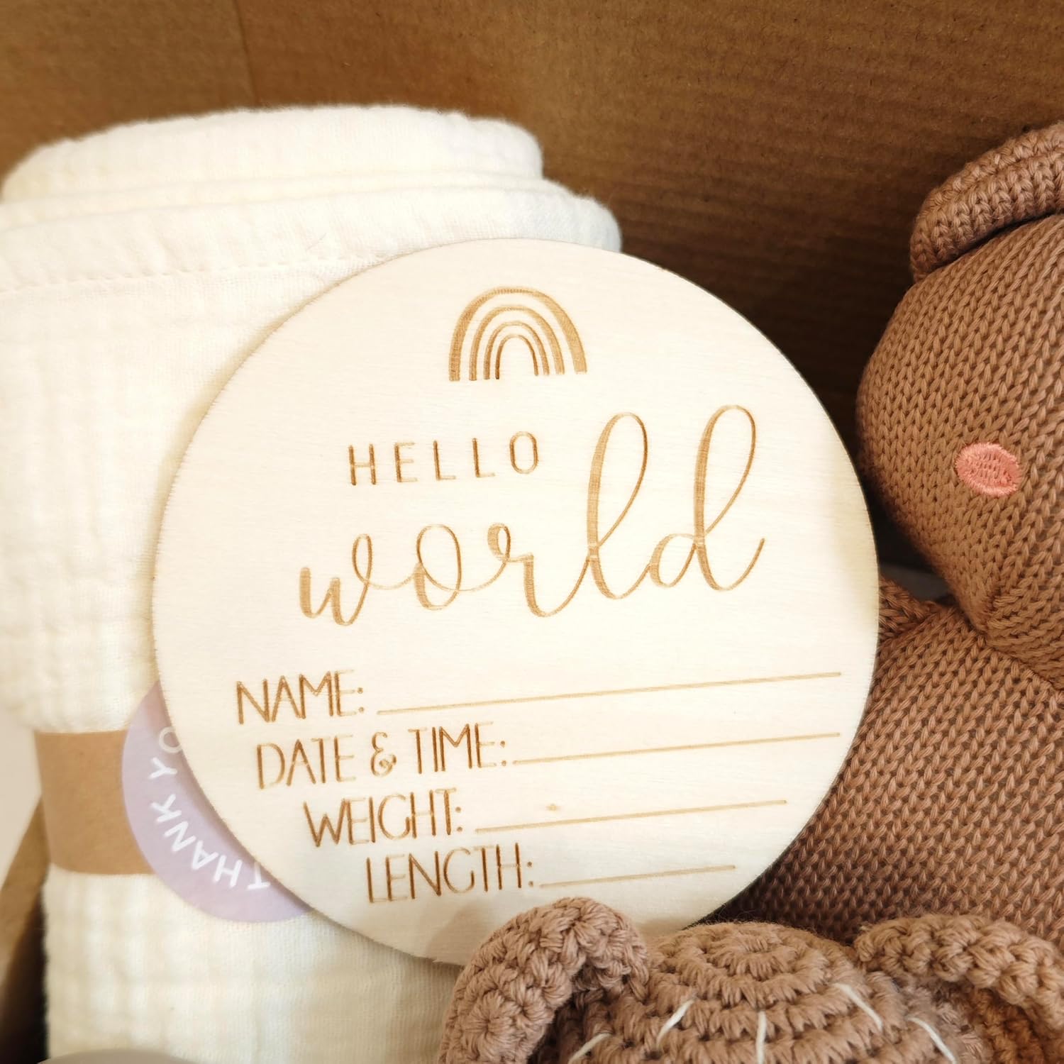 Newborn Baby Gift Set of Knitted Bear Toys 6 in 1, Including Soothing Hand Bells,Cotton Blankets and Wooden Card for Newborn Boys and Girls