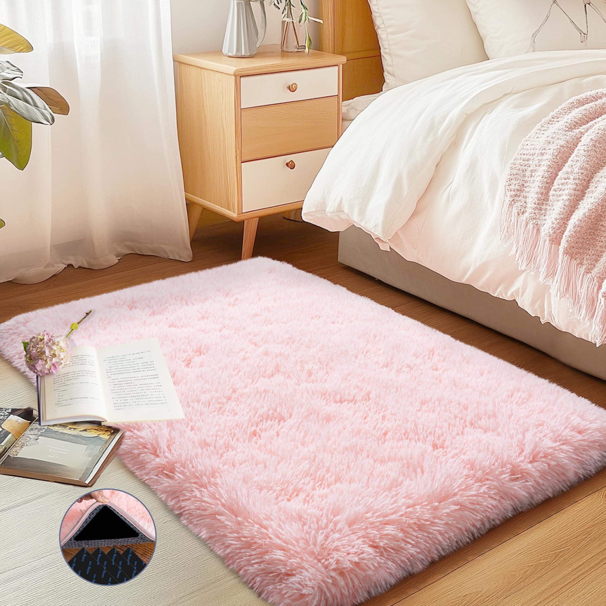 AAFKK Pink Area Rug for Bedroom, 2x3 Small Rugs for Living Room Nursery Kids Room Dorm Home Decor Aesthetic, Fluffy Shaggy Rug with 4 Anti-Slip Carpet