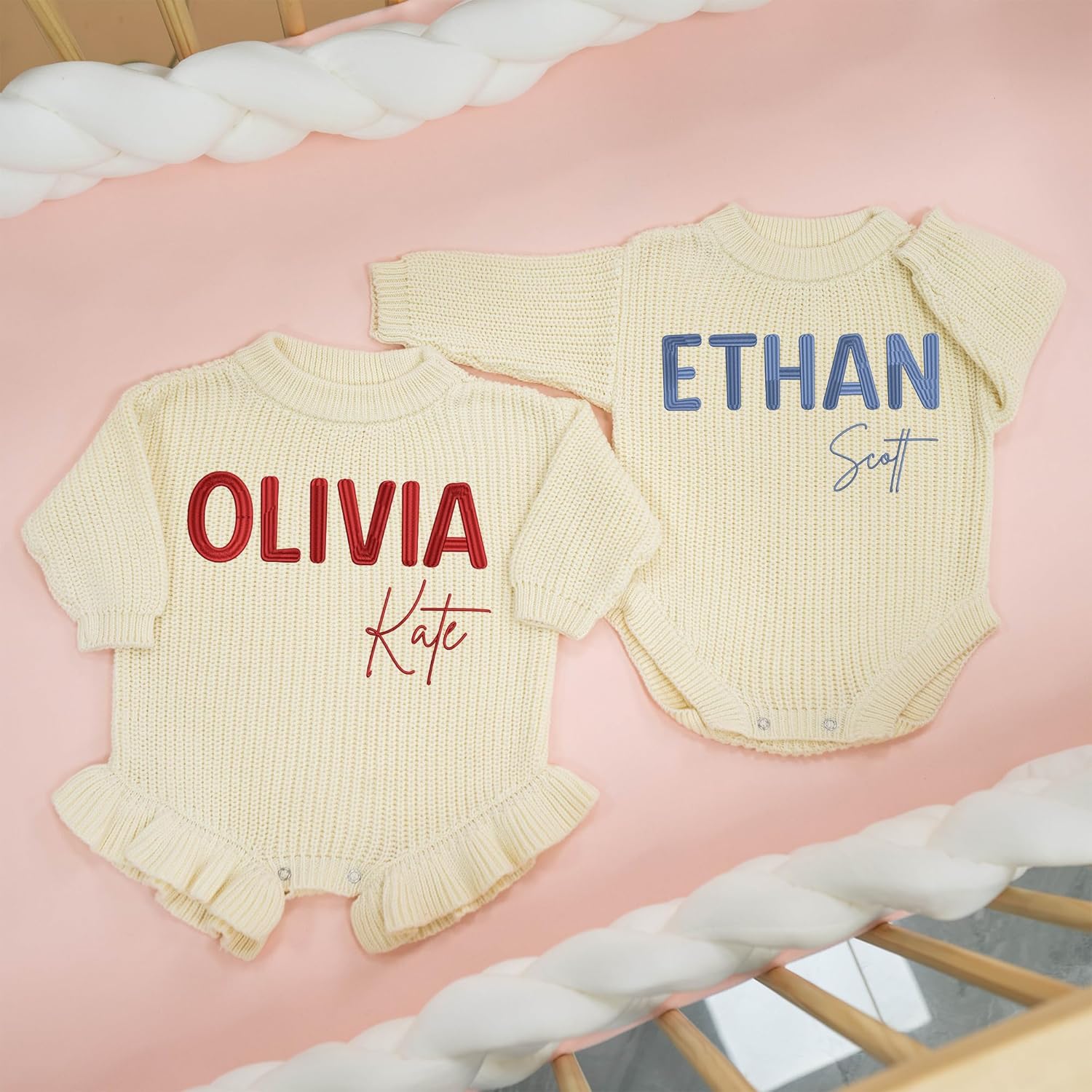 Personalized Chunky Knit Sweater Romper, Custom Baby Name, Embroidered Baby Outfit, Infant One-Piece Keepsake - Image 6