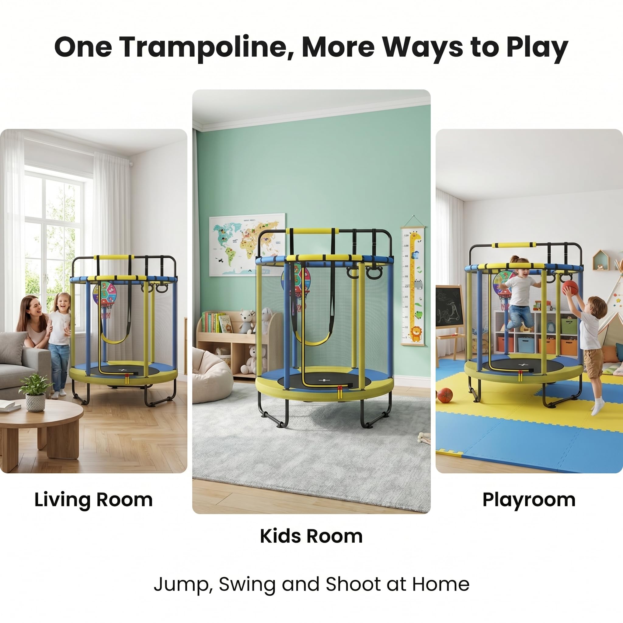 Trampolino per bambini, trampolino da interno per bambini, con cestino da basket, altalena, anello di trazione, adatto per interni ed esterni, adatto per bambini, regalo di compleanno