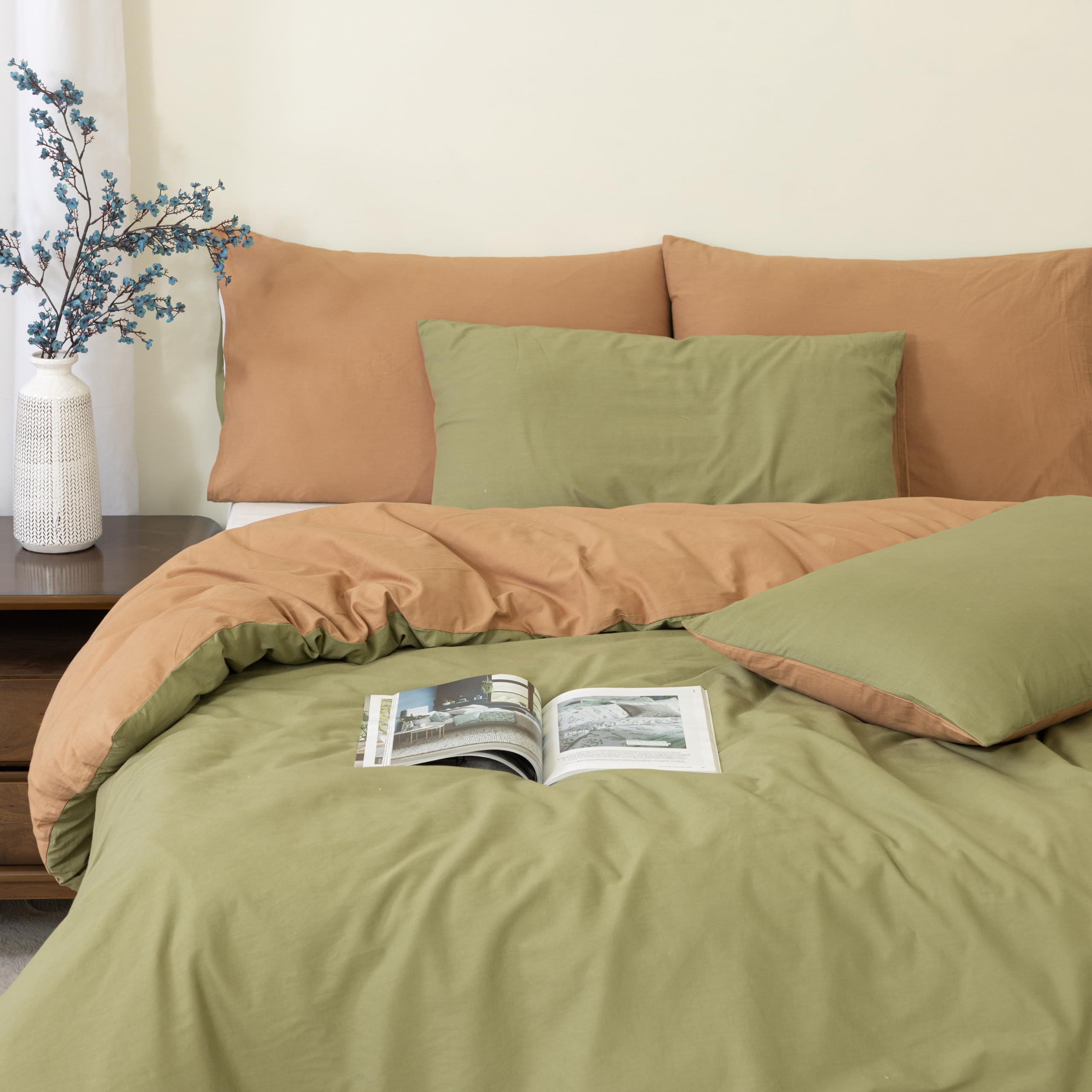 Mhg Living Olive Green Reversible Duvet Cover,Single Size,100% Cotton Duvet Cover Sets,Single Duvet Covers,Soft & Breathable Duvet Covers,Button Closure,Duvet Cover Single With 1 Pillow Case (135X200)