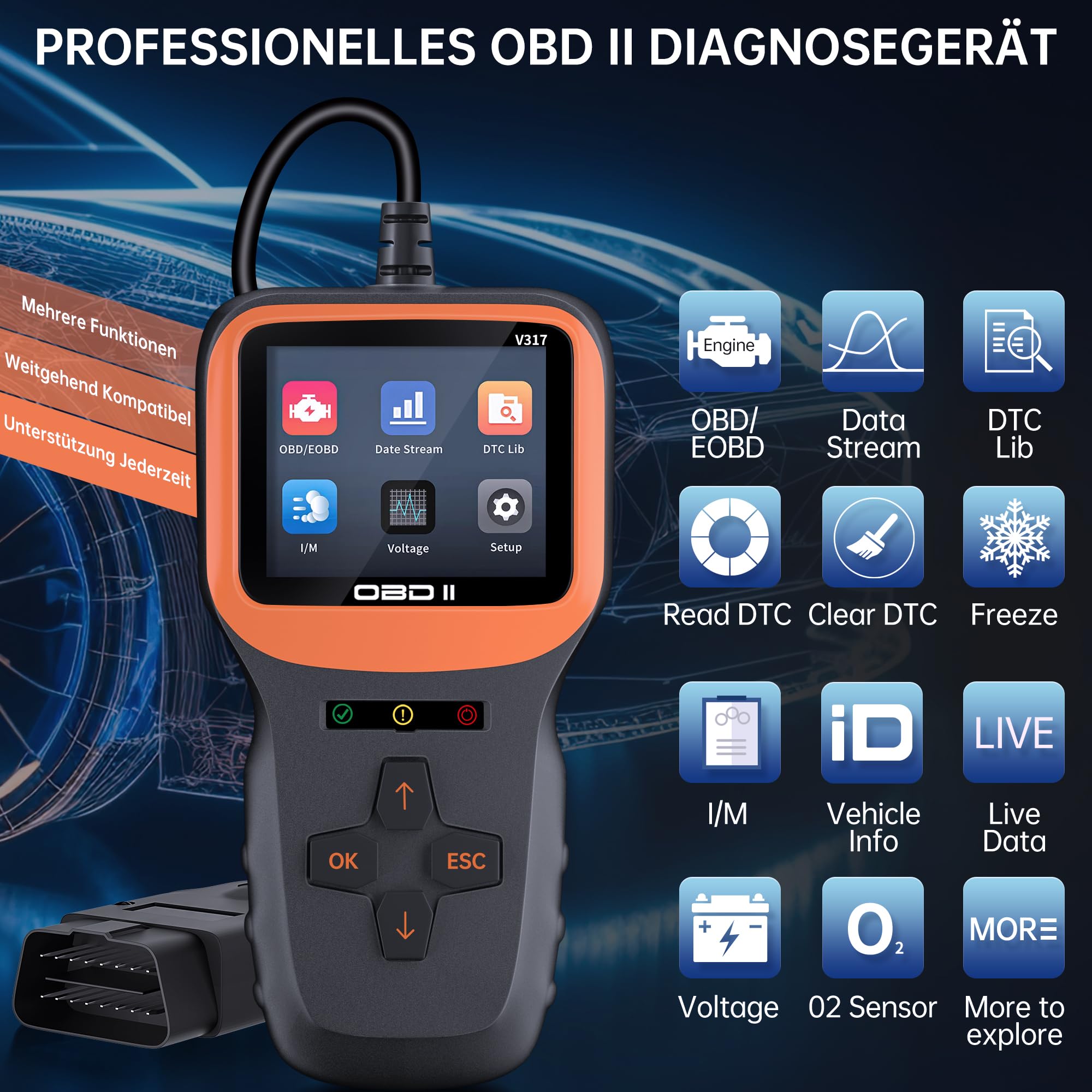 V317 Narzędzie diagnostyczne OBD2, samochodowy czytnik kodów OBD2, czytnik kodów błędów, narzędzie diagnostyczne OBDII/EOBD do wszystkich samochodów z protokołem OBDII (kolorowy ekran LCD)