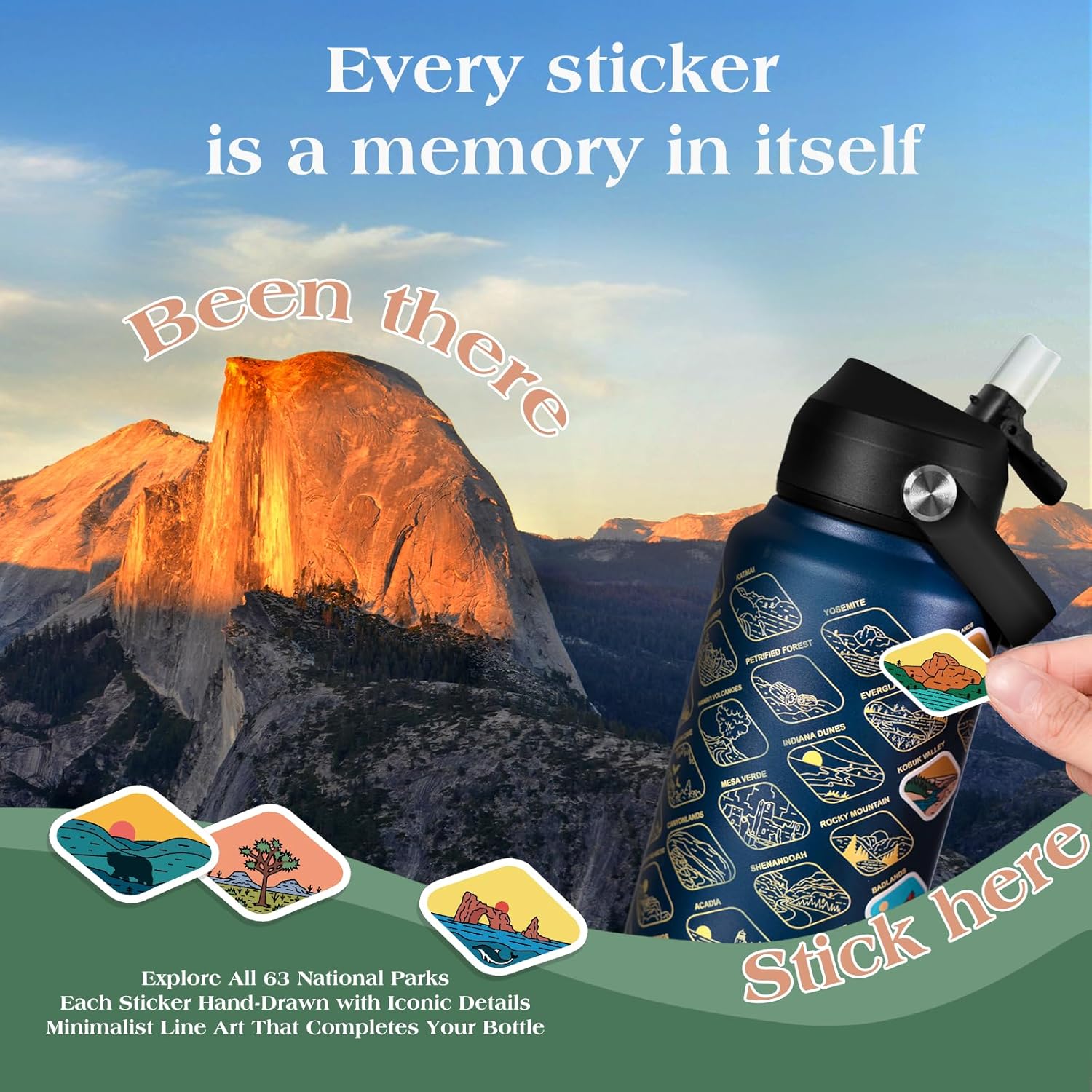 National Parks Water Bottle with 63 Waterproof Stickers – 32 oz Insulated Stainless Steel Bottle, 2-IN-1(Straw Spout)& Dustproof Lids, BPA-Free, Camping Hiking Travel Gifts (Blue) - Image 2