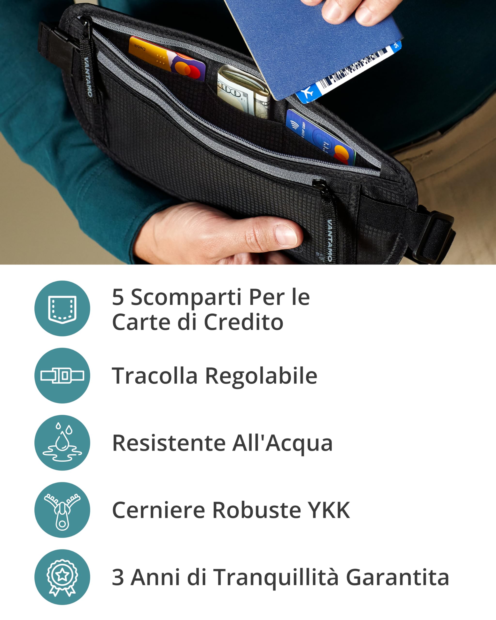 Vantamo Marsupio Uomo & Donna Ultrapiatto con protezione RFID, Marsupio Antiscippo con Cintura Regolabile, Ideale per Corsa e Escursioni e Viaggi, Leggero Cintura Portasoldi Sicuro