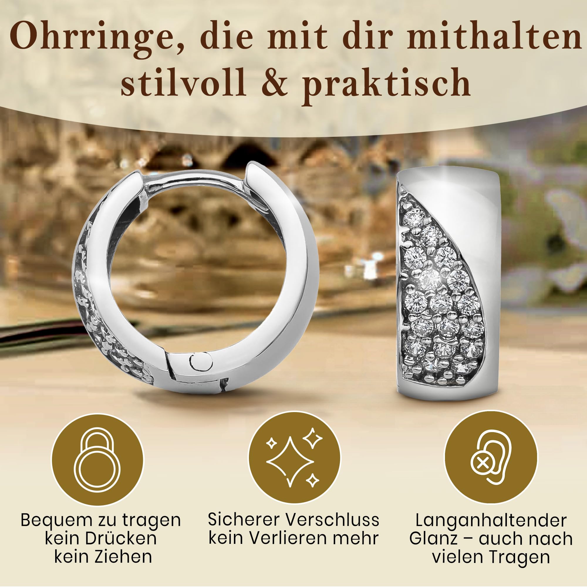 Cassini | Breite Creolen Damen Ohrringe aus 925 Sterling Silber – Matt & Poliert, Verziert mit Zirkonia Steinen, Hypoallergen & Allergiefrei, Elegante Silber Creolen, 3CZQ