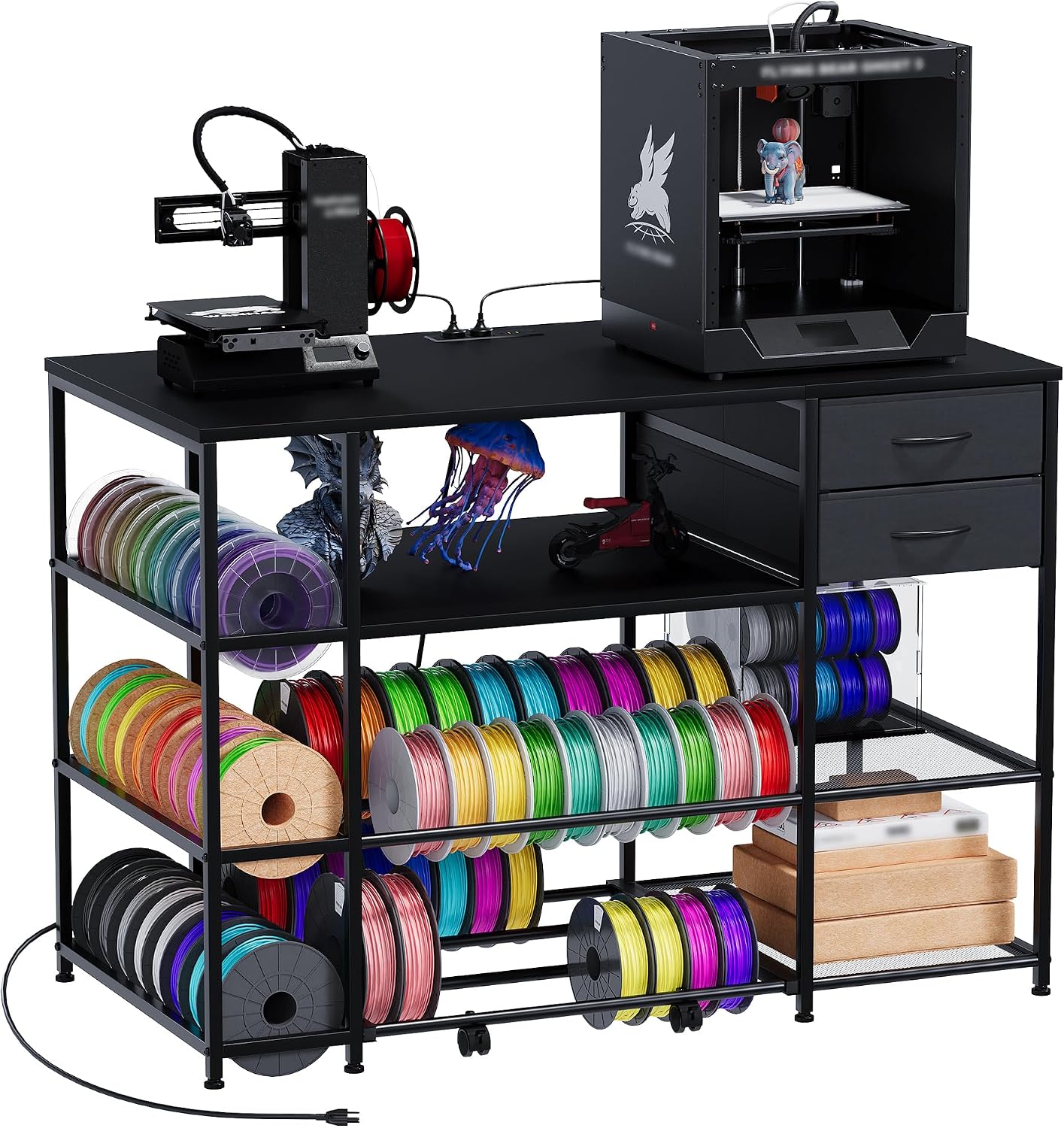 3D Printer Stand with Rolling Filament Drawer (Black)