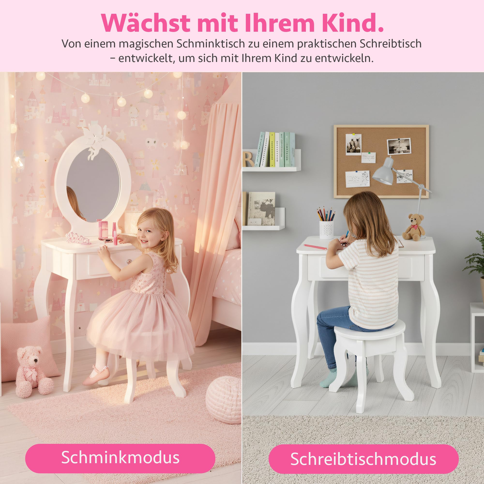 Green series Kinder Schminktisch aus Holz mit Spiegel & Hocker – Toaletttisch Mädchen mit Schublade & Aufklebern | Kinder Schminkkommode Holz, Schminktisch Kinderzimmer, Geschenk für Mädchen – GS3310