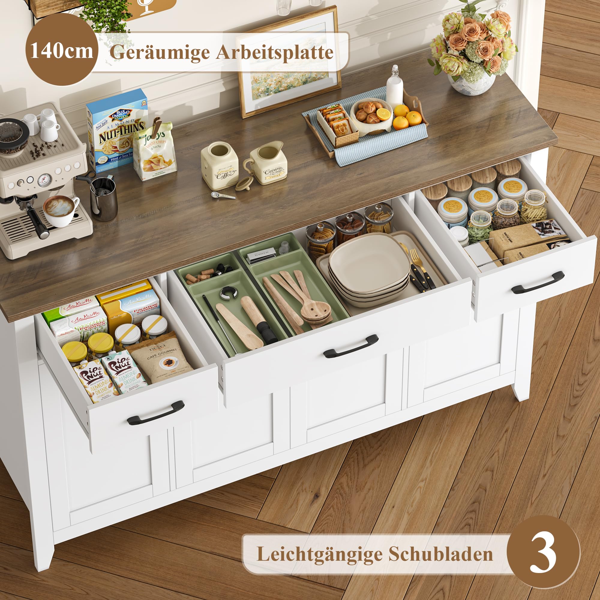 HOCSOK Küchenschrank, Sideboard mit Verstellbare Regalböden,140 cm Breit