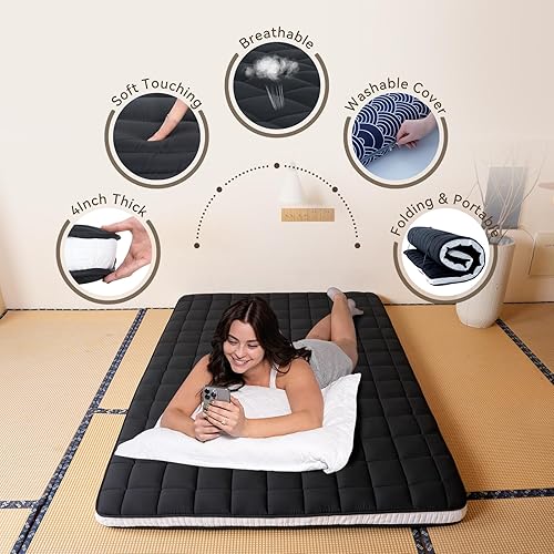 Miniatura 5 de Colchón de futón japonés con funda extraíble, tamaño individual de 4 pulgadas de grosor, plegable, colchón de espuma viscoelástica para dormir,