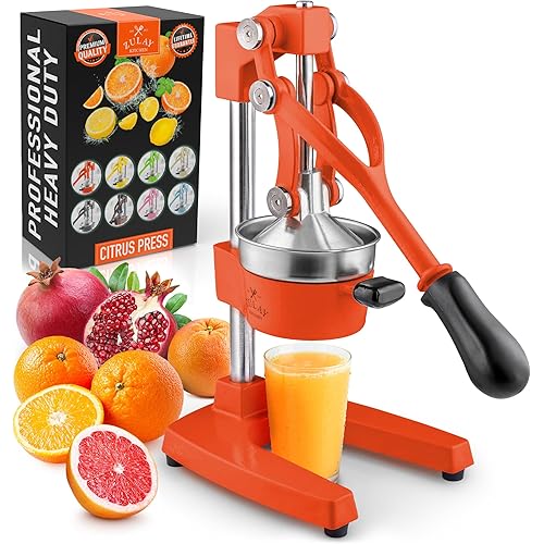 Zulay Kitchen Cast-Iron Orange Juice Squeezer - Heavy-Duty, Easy-to-Clean, Professional Citrus Juicer - Durable Stainless Steel Lemon Squeezer - Sturdy Manual Citrus Press & Orange Squeezer (Orange)