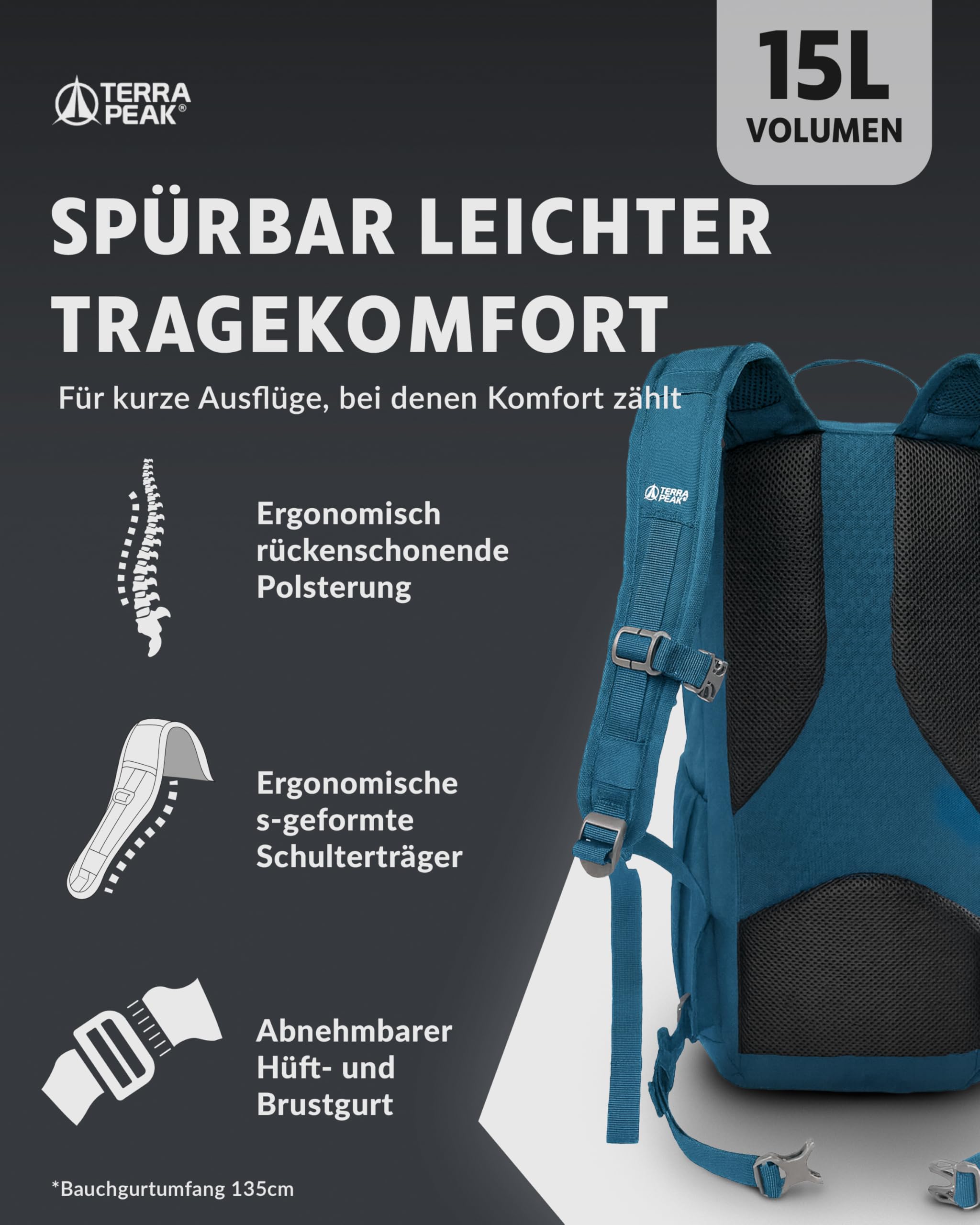 Terra Peak® Sac à dos de randonnée 15L AREN 15 imperméable respirant trekking voyage