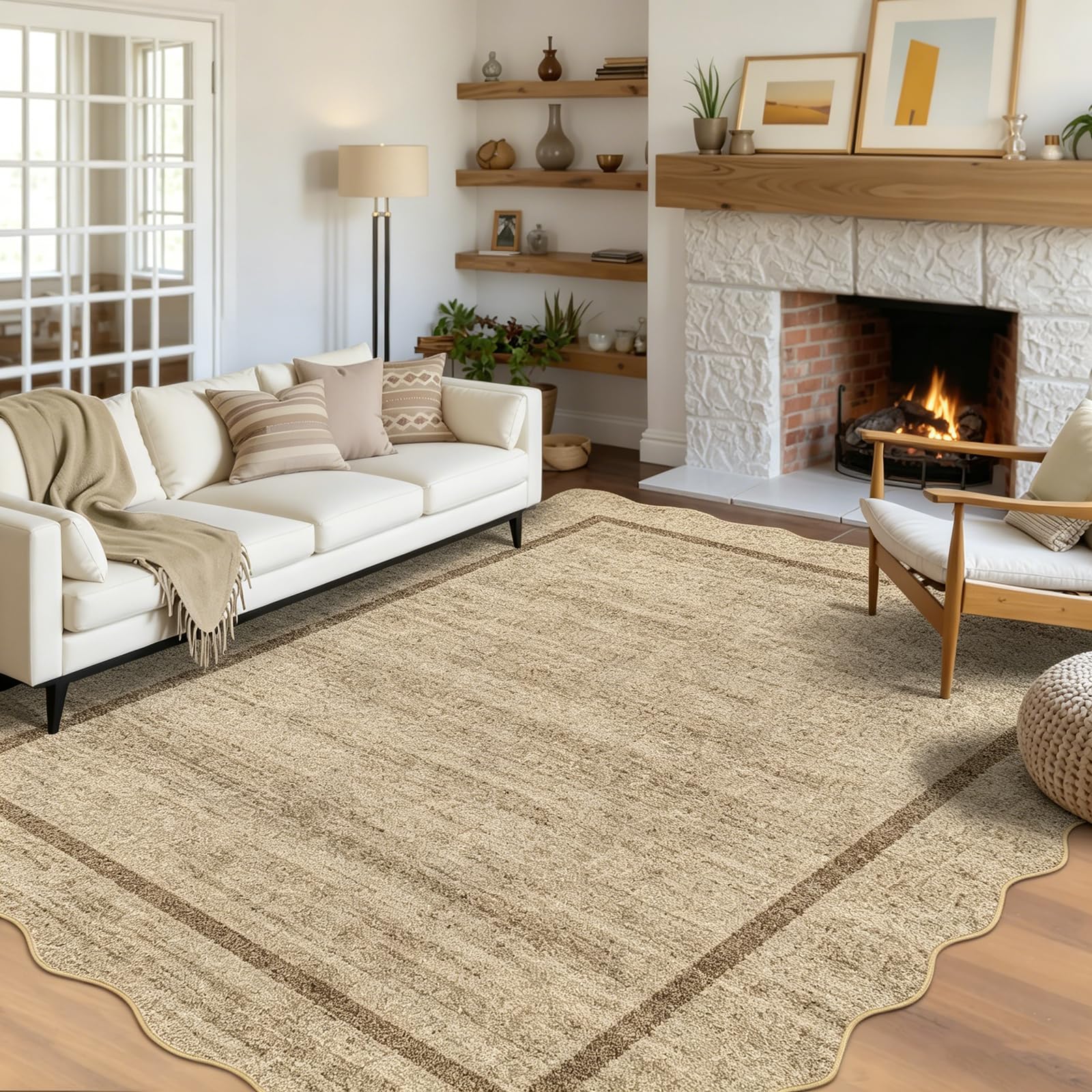 CAROMIO 200x290cm Modern Scalloped Rug Beige Washable for Living Room