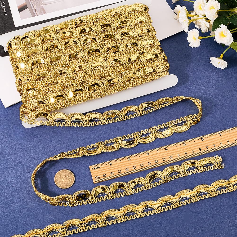 GORGECRAFT 25 Yards 3/4 Inch Sequin Lace Trim Gimp Braid Lace Ribbon Glitter Gold Beaded Fabric Metallic Trim with Plastic Paillette Beads for Sewing Christmas Crafts Curtain Skirt Headband