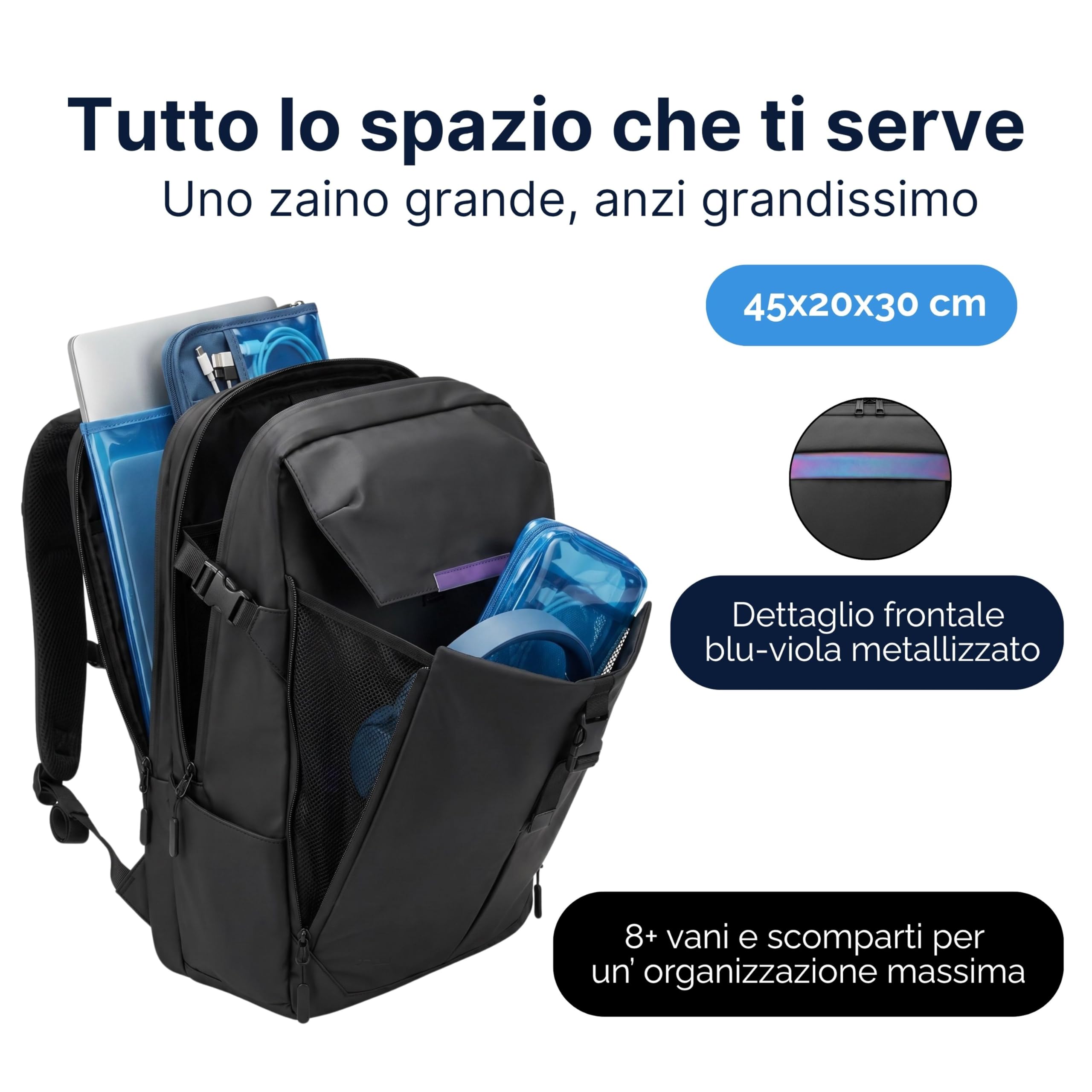 MASC Zaino da Viaggio Multitasche Impermeabile ed Ergonomico 27L, ideale come Zaino da Lavoro Porta PC 18’’, Elegante per l’Ufficio