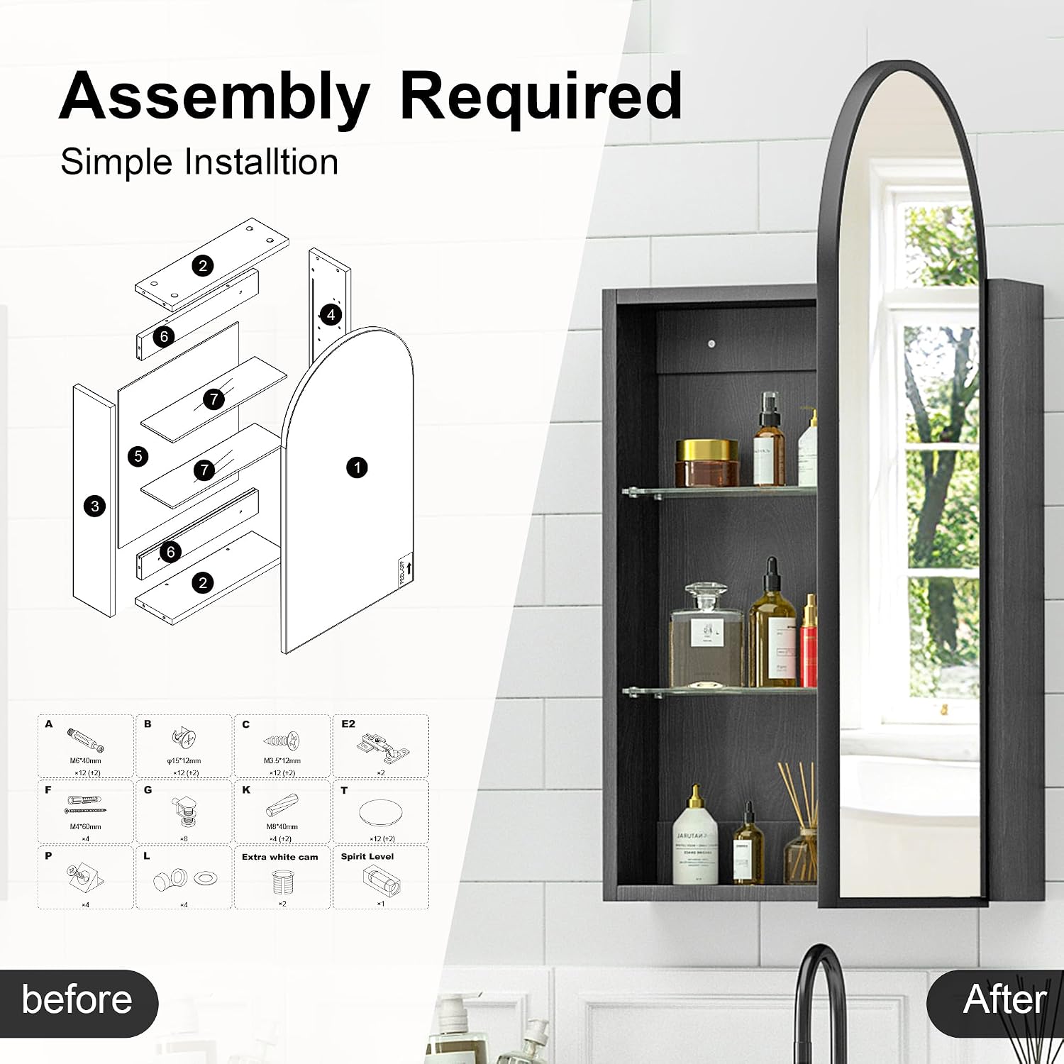 Diagram illustrating the assembly steps for the medicine cabinet.