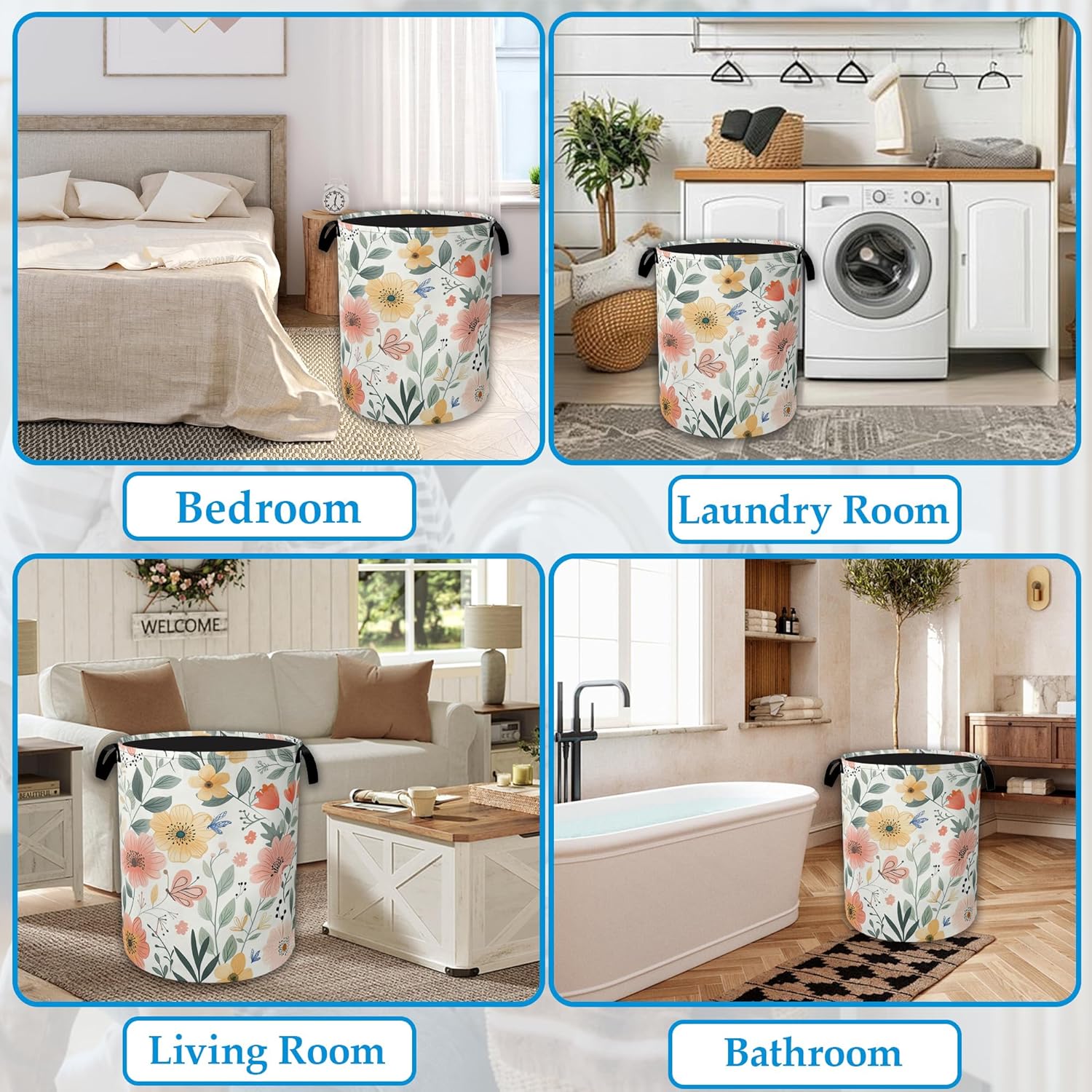 Floral Print Laundry Basket Collapsible Laundry Hamper with Handle, Waterproof Oxford Cloth Storage Bin for Bathroom/Bedroom/Dormitories 16 X 20.8 Inch