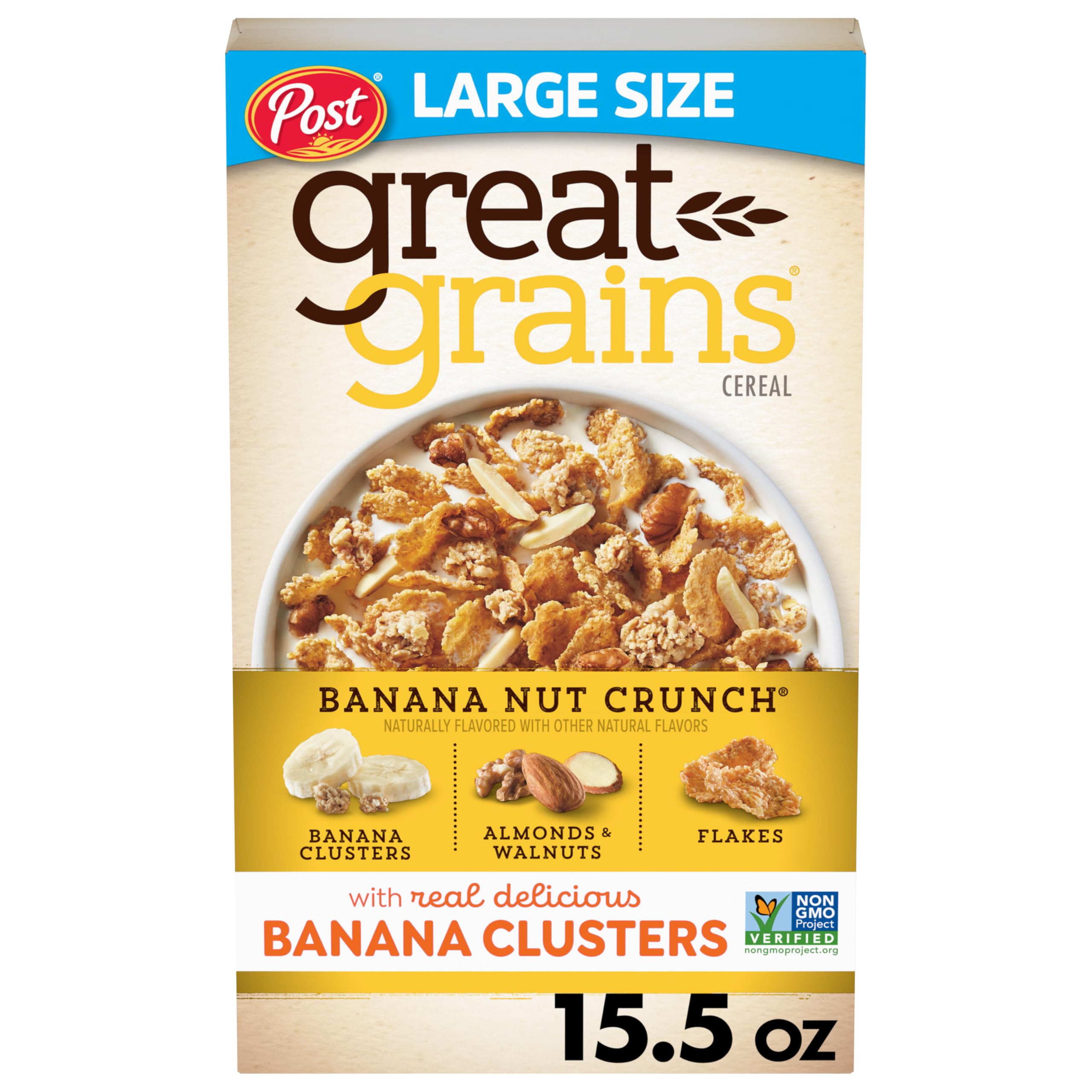 Great Grains Banana Nut Crunch Cereal, Cereal with Banana Clusters and Sliced Almonds, Non-GMO Project Verified, 15.5 OZ Box