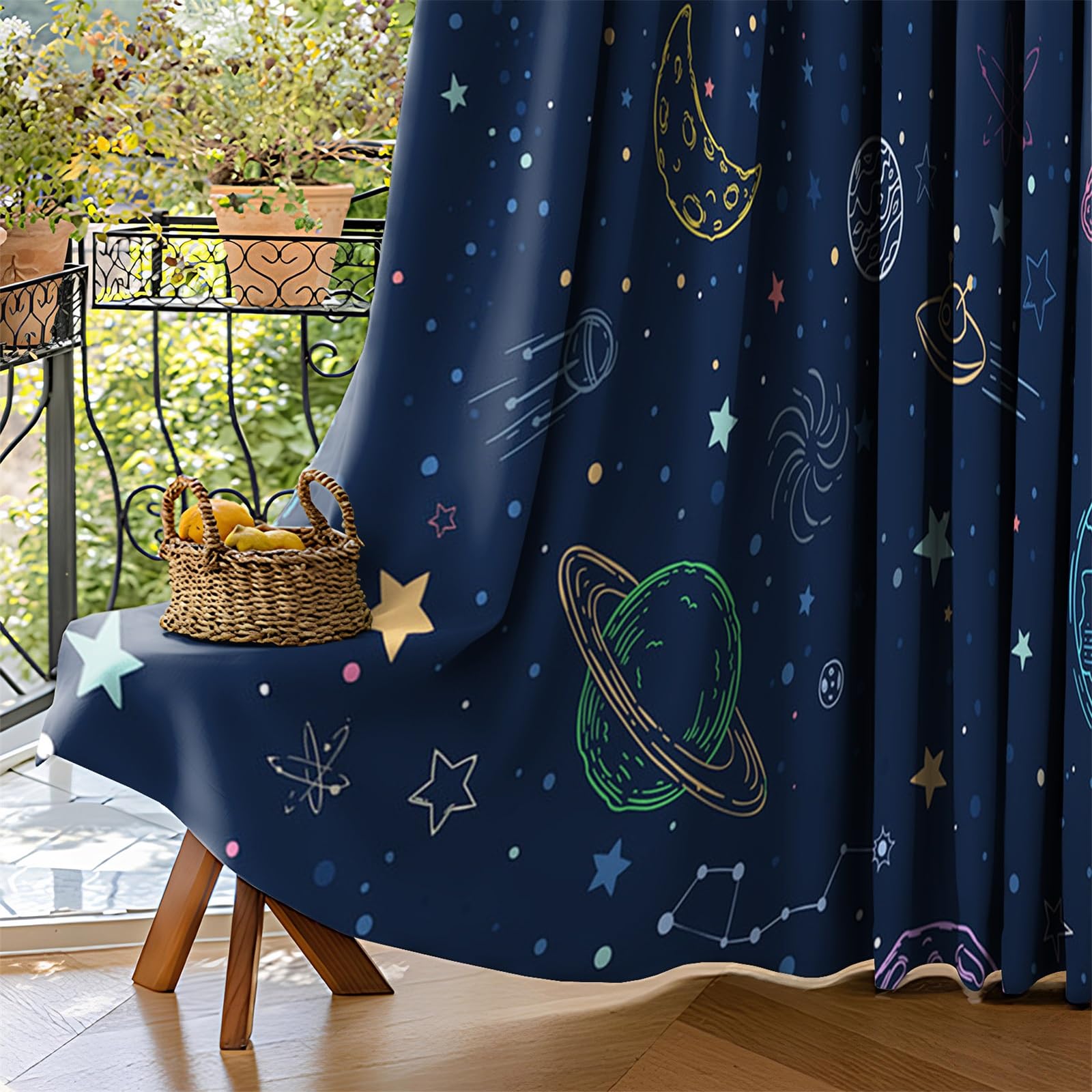 Cortinas de blackout marino con temática de estrellas y planetas de dibujos animados para habitación infantil, cortinas espaciales con ojales para dormitorio, decoración de habitación de