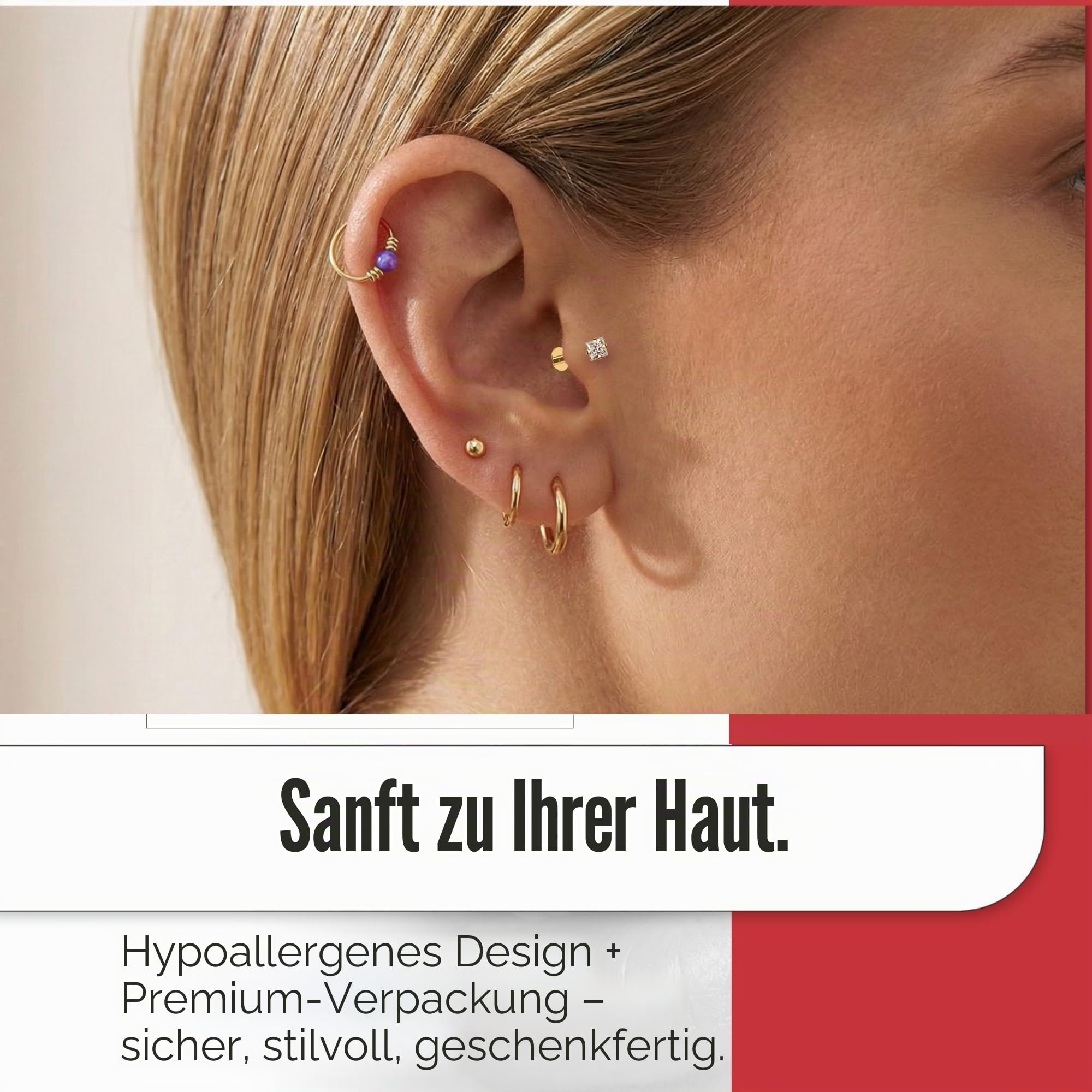 Monster Piercing | 14K Gold Echtgold | Lippenpiercing Tragus Piercing 16 Gauge | Kristallstein | Stablänge: 8MM oder 10MM | Lippe Labret Ohr Piercing