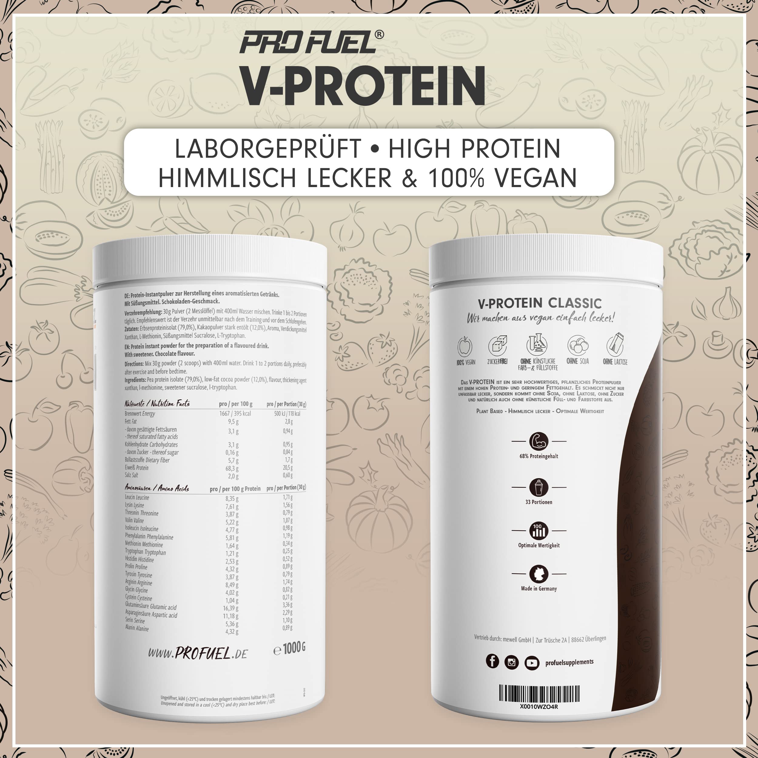Vegan Protein Pulver SCHOKOLADE 1kg - V-PROTEIN - Pflanzliches Eiweißpulver auf Erbsenprotein-Basis mit 68% Eiweiß-Gehalt - optimale Protein-Wertigkeit - veganer Protein-Shake ohne Soja & Weizen