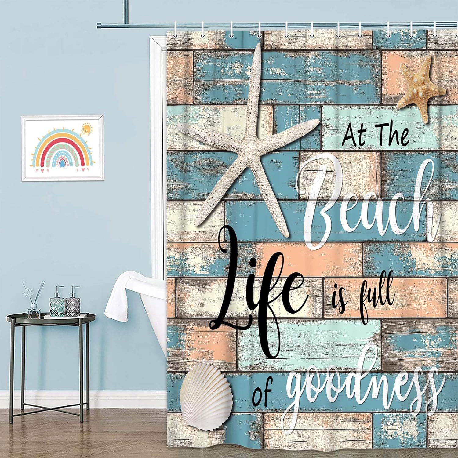 JAWO Beach Shower Curtain, Rustic Vintage Wood Ocean Quote Words Fabric Shower Curtains, Nautical Coastal Theme Shower Curtain with Hooks 69x84Inches
