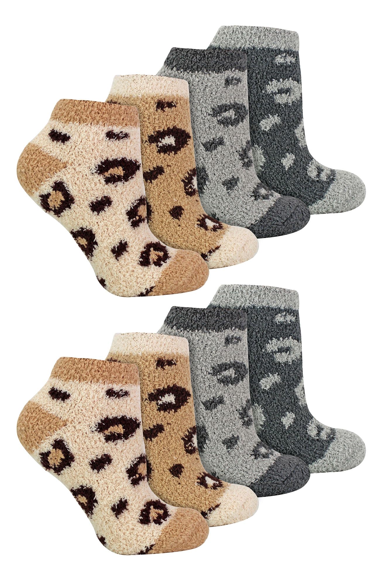 Sock Snob Women's Grey / Beige 8 Pair Multipack Fluffy Ankle Socks | Novelty Animal Print Socks For (4-8, Grey/Beige)